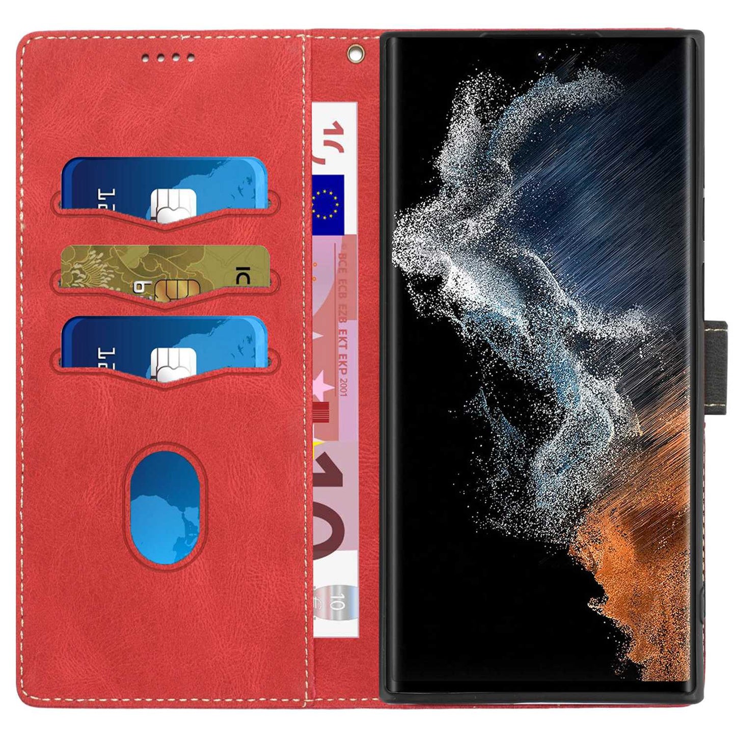 Phone Case for Samsung Galaxy S24 Ultra Grid Splicing Stand PU Leather Wallet Phone Cover with Strap - Red