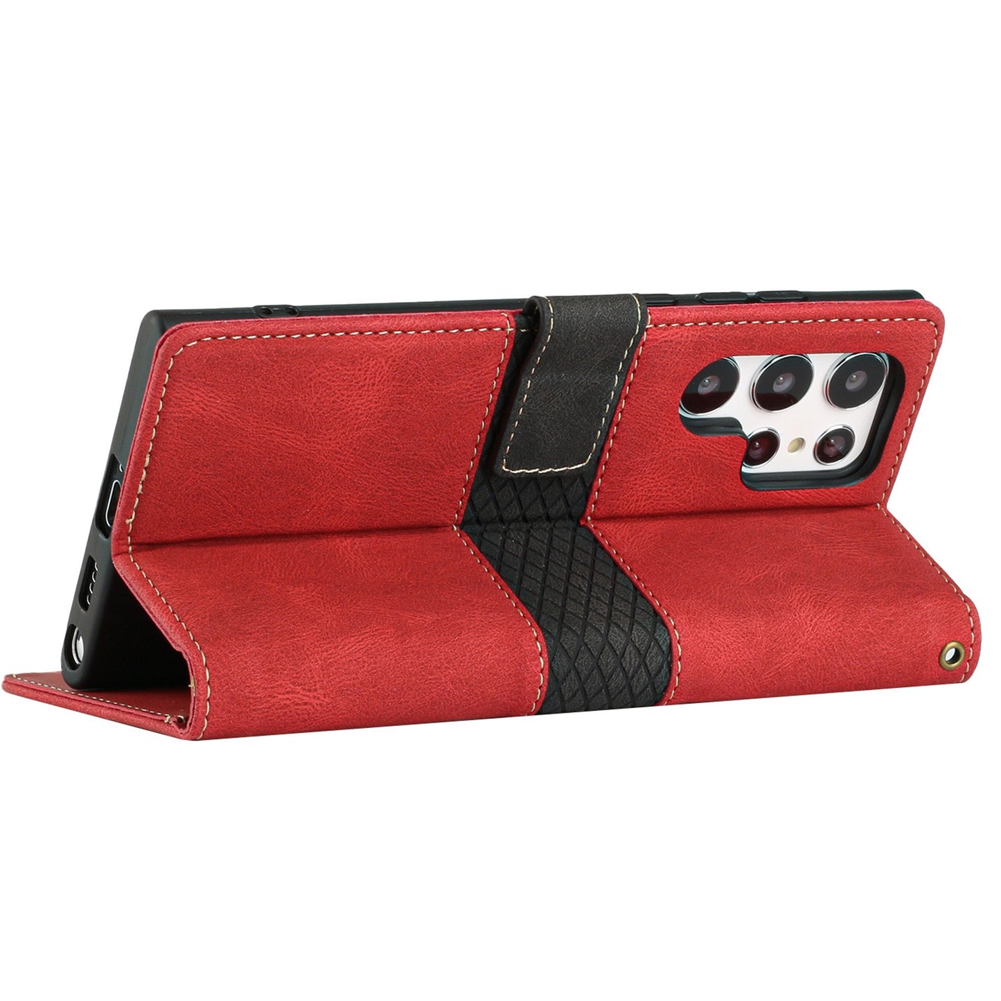 Phone Case for Samsung Galaxy S24 Ultra Grid Splicing Stand PU Leather Wallet Phone Cover with Strap - Red