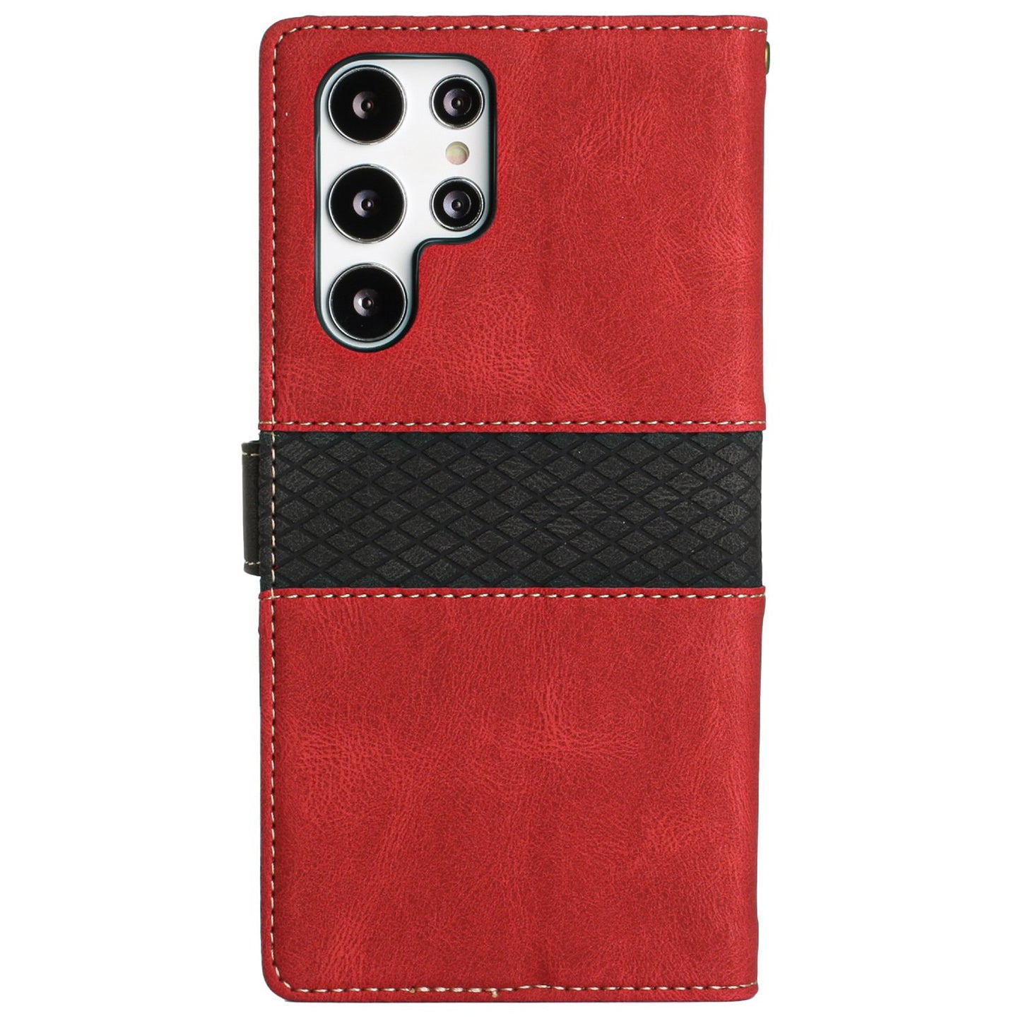 Phone Case for Samsung Galaxy S24 Ultra Grid Splicing Stand PU Leather Wallet Phone Cover with Strap - Red