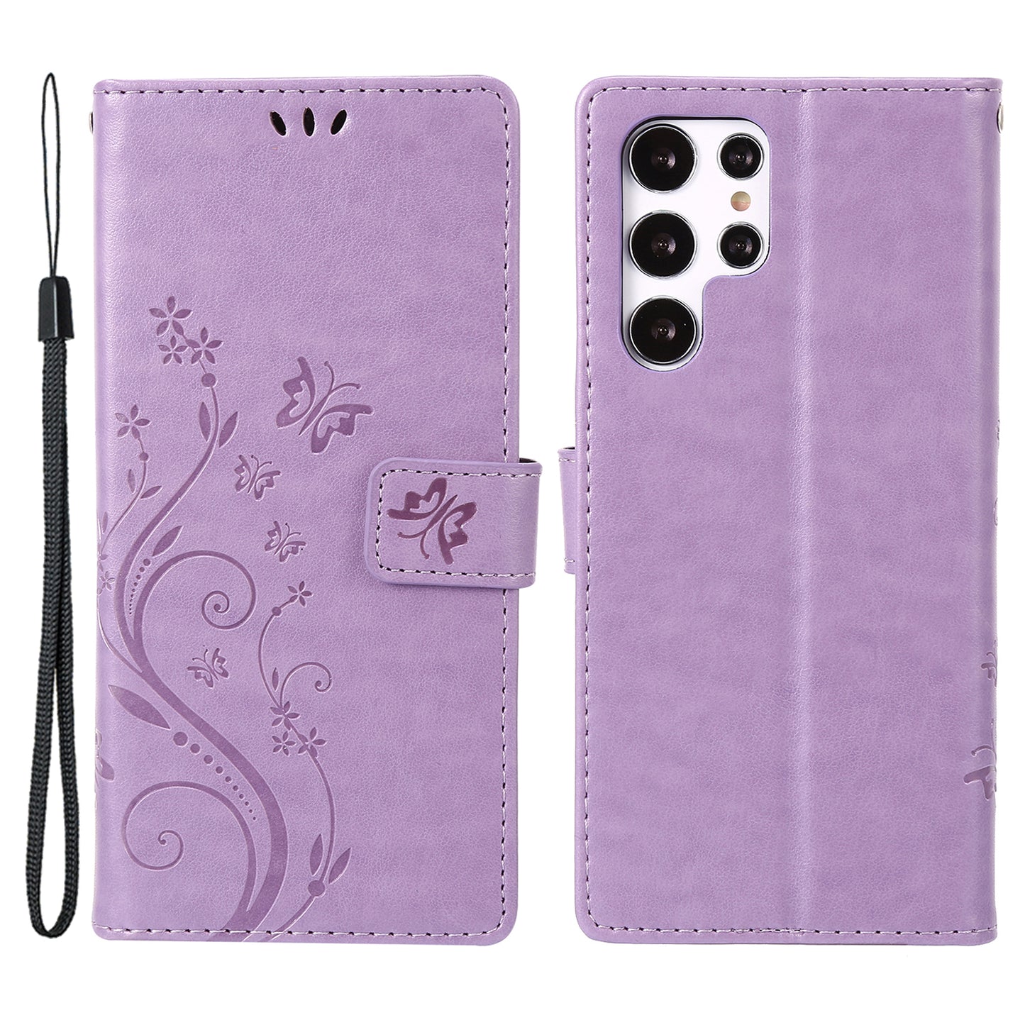 For Samsung Galaxy S24 Ultra Wallet Leather Cover Butterfly Imprinted Flip Stand Phone Case - Light Purple