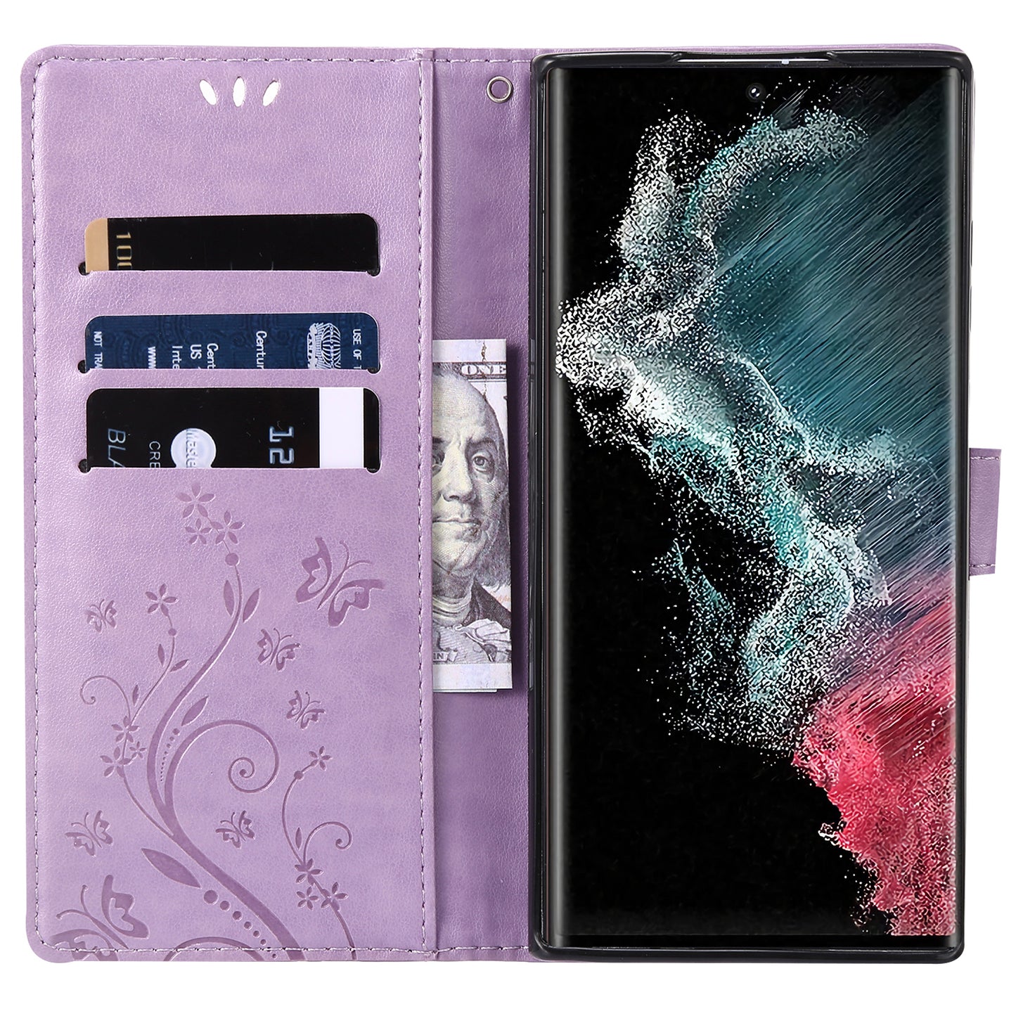 For Samsung Galaxy S24 Ultra Wallet Leather Cover Butterfly Imprinted Flip Stand Phone Case - Light Purple