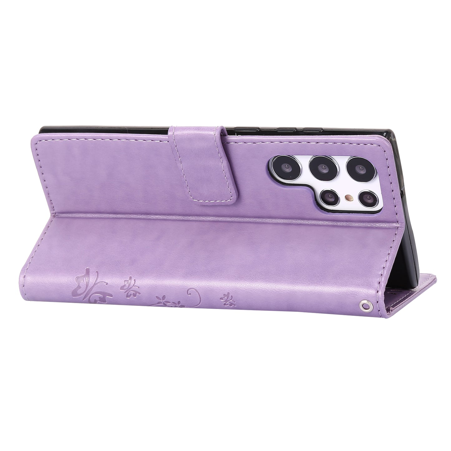 For Samsung Galaxy S24 Ultra Wallet Leather Cover Butterfly Imprinted Flip Stand Phone Case - Light Purple
