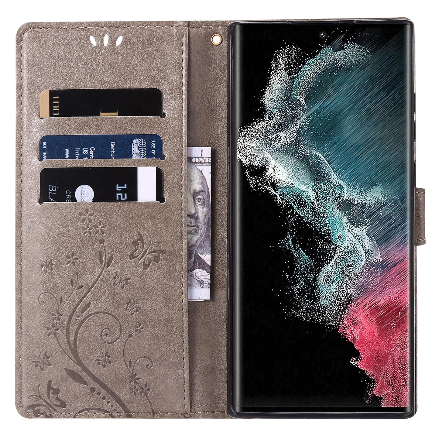 For Samsung Galaxy S24 Ultra Wallet Leather Cover Butterfly Imprinted Flip Stand Phone Case - Grey