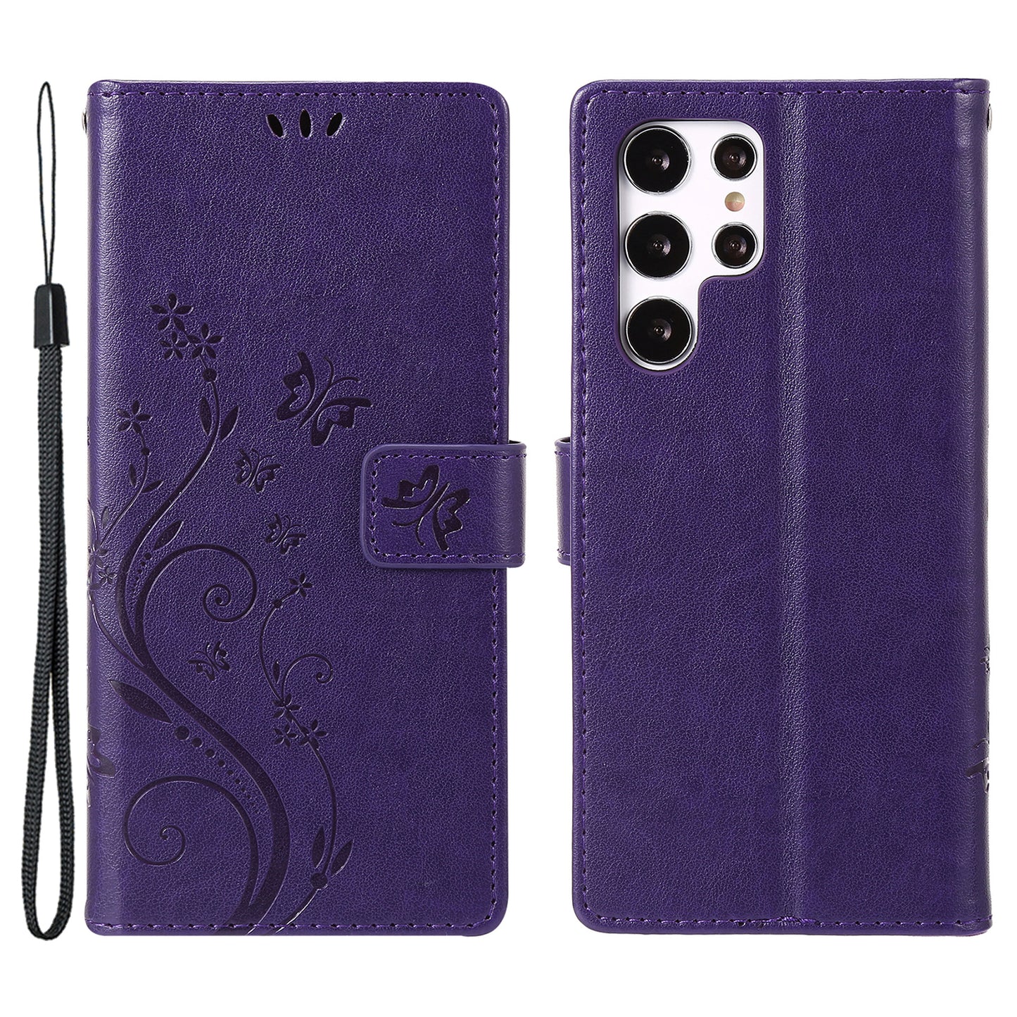 For Samsung Galaxy S24 Ultra Wallet Leather Cover Butterfly Imprinted Flip Stand Phone Case - Dark Purple