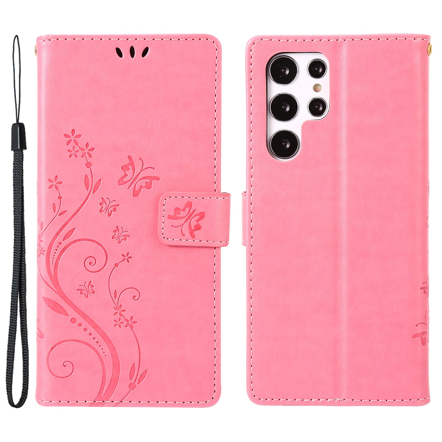 For Samsung Galaxy S24 Ultra Wallet Leather Cover Butterfly Imprinted Flip Stand Phone Case - Pink