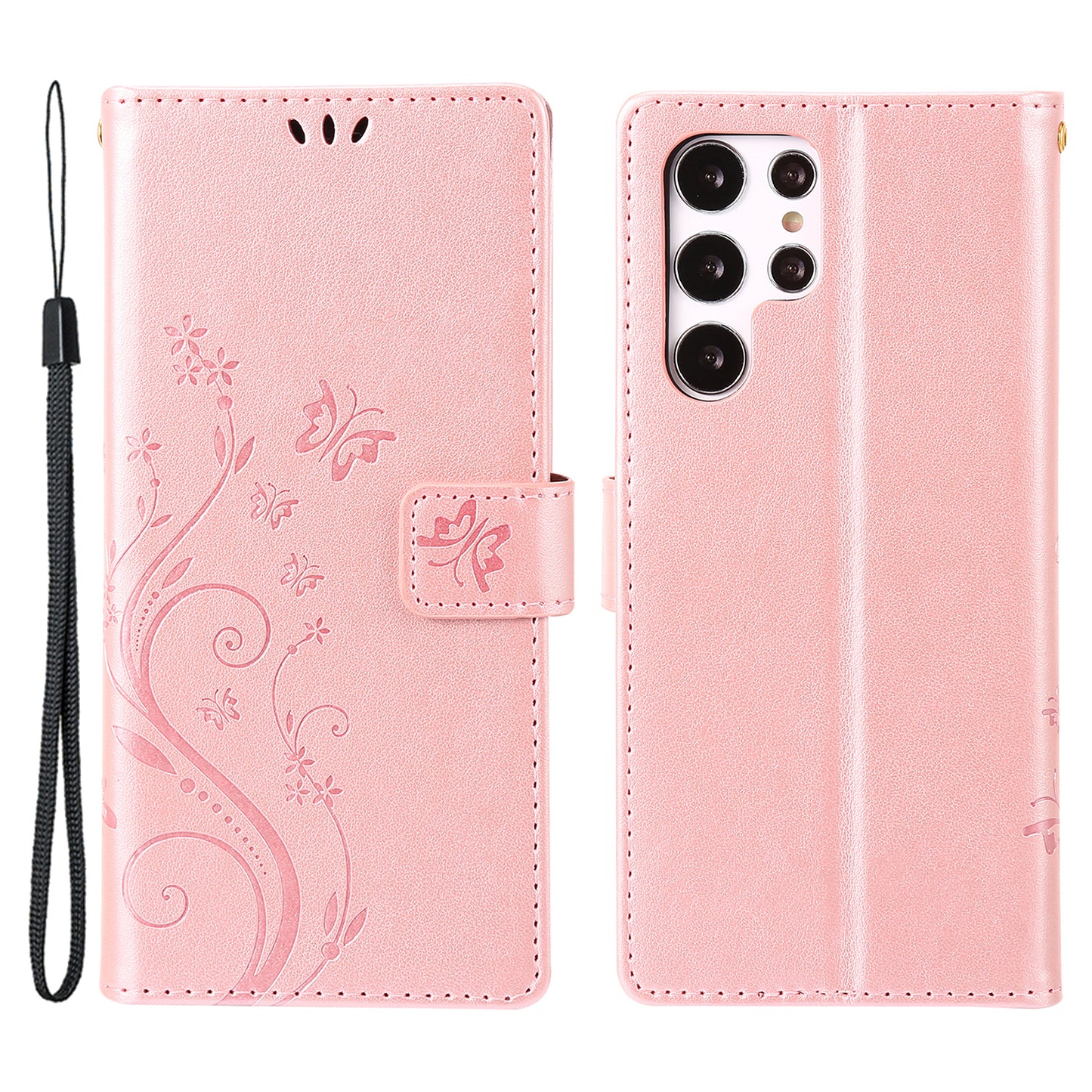 For Samsung Galaxy S24 Ultra Wallet Leather Cover Butterfly Imprinted Flip Stand Phone Case - Rose Gold