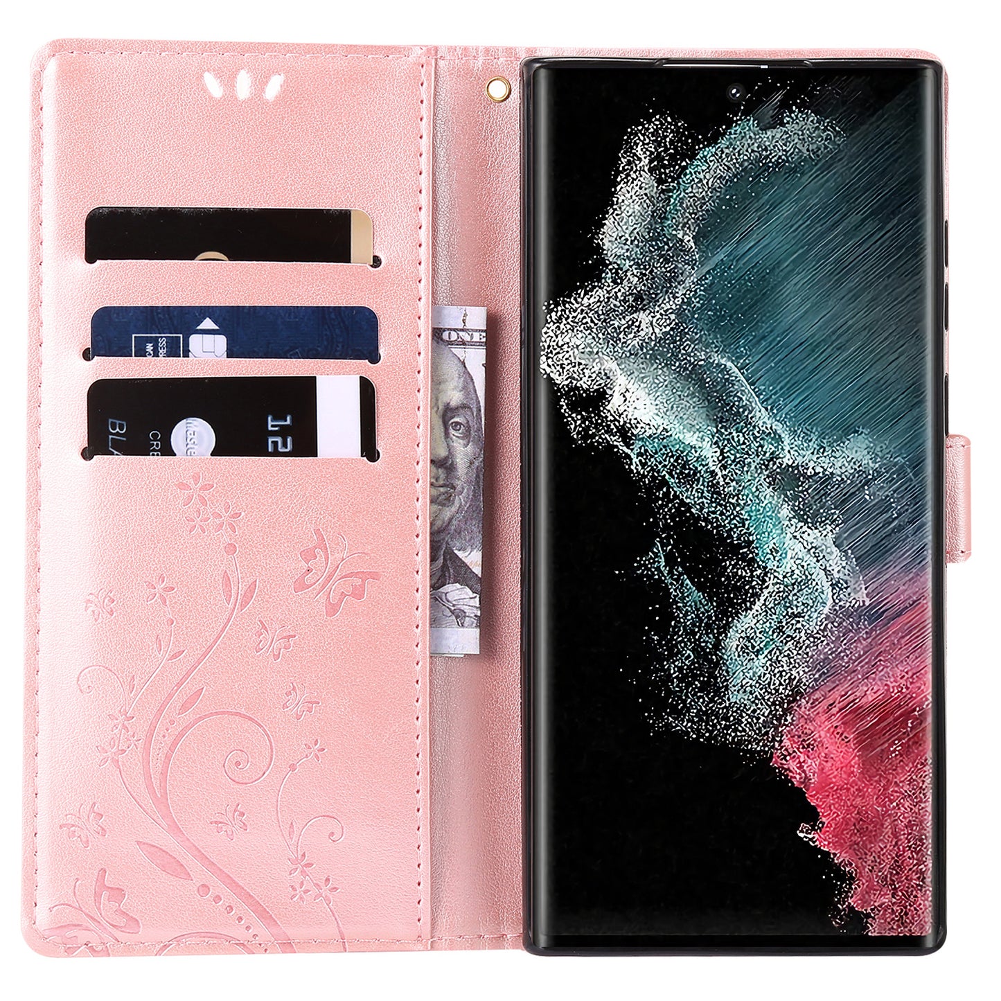 For Samsung Galaxy S24 Ultra Wallet Leather Cover Butterfly Imprinted Flip Stand Phone Case - Rose Gold
