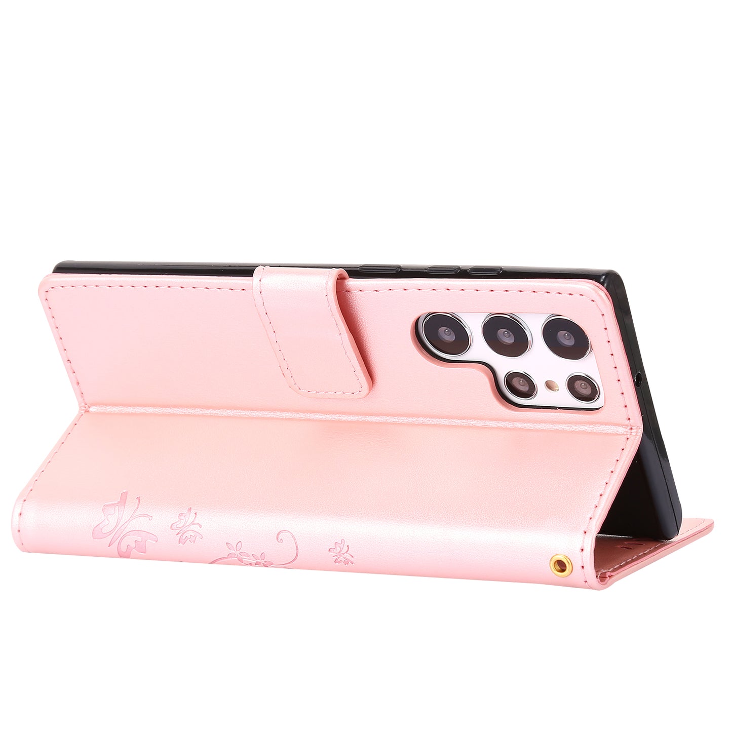 For Samsung Galaxy S24 Ultra Wallet Leather Cover Butterfly Imprinted Flip Stand Phone Case - Rose Gold