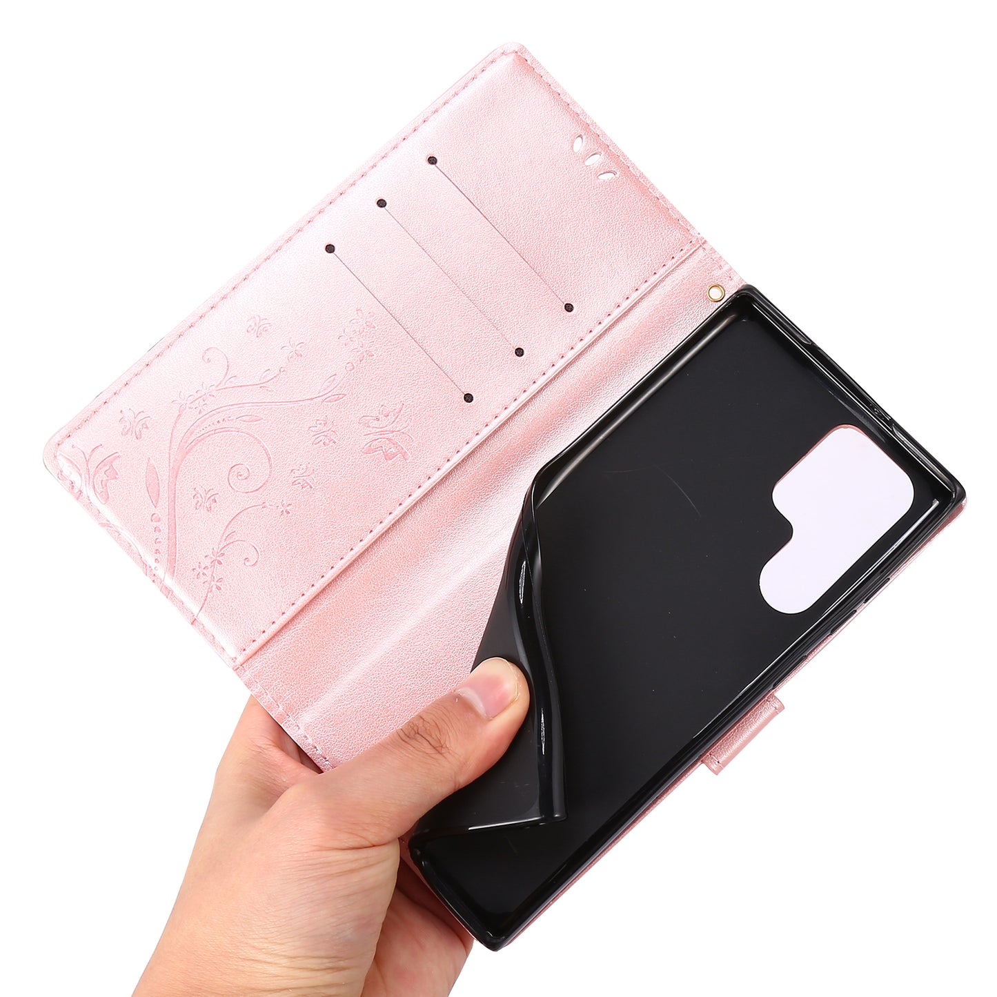 For Samsung Galaxy S24 Ultra Wallet Leather Cover Butterfly Imprinted Flip Stand Phone Case - Rose Gold