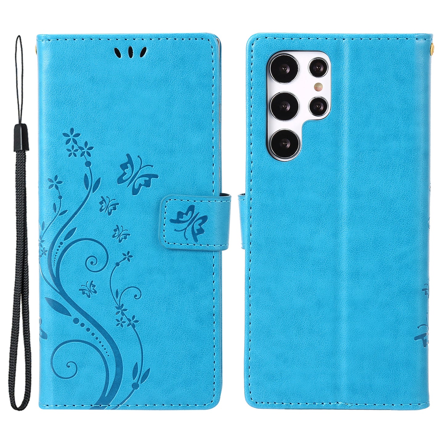 For Samsung Galaxy S24 Ultra Wallet Leather Cover Butterfly Imprinted Flip Stand Phone Case - Blue
