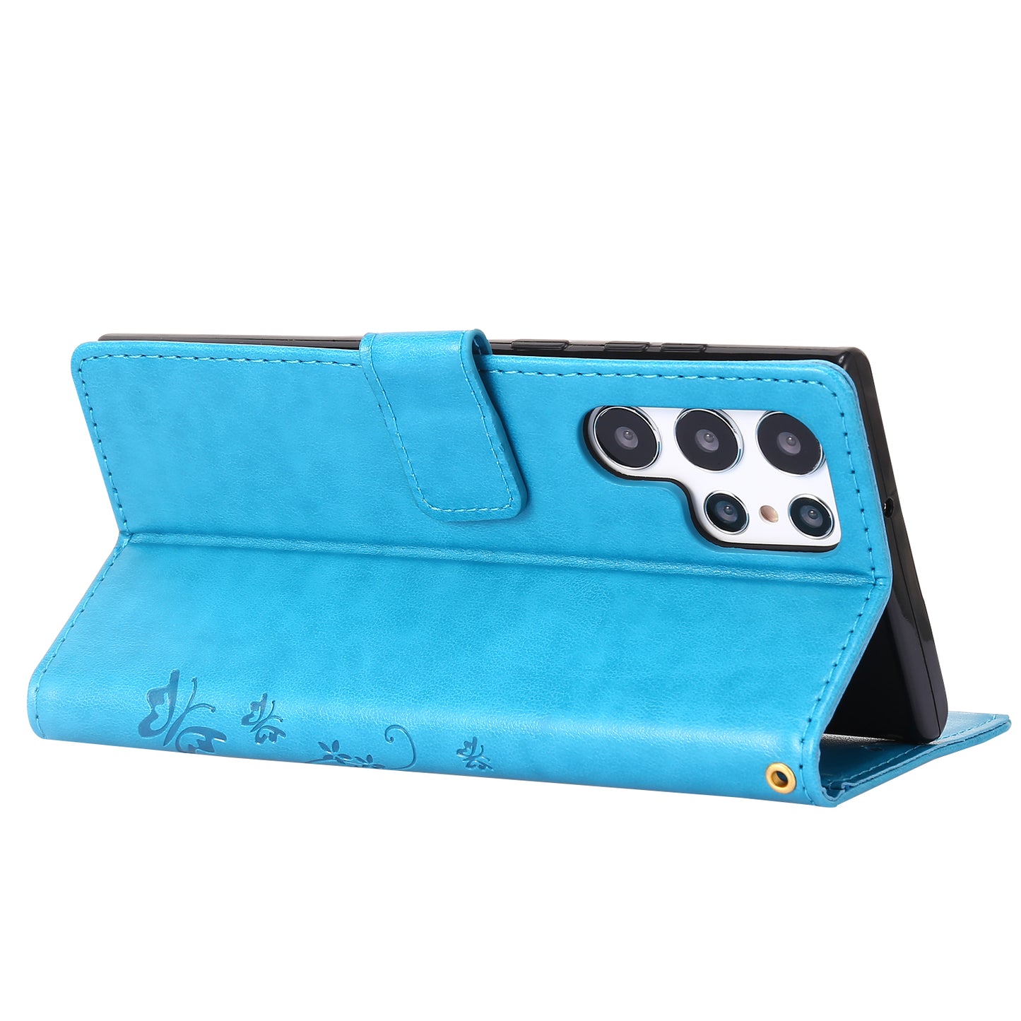 For Samsung Galaxy S24 Ultra Wallet Leather Cover Butterfly Imprinted Flip Stand Phone Case - Blue