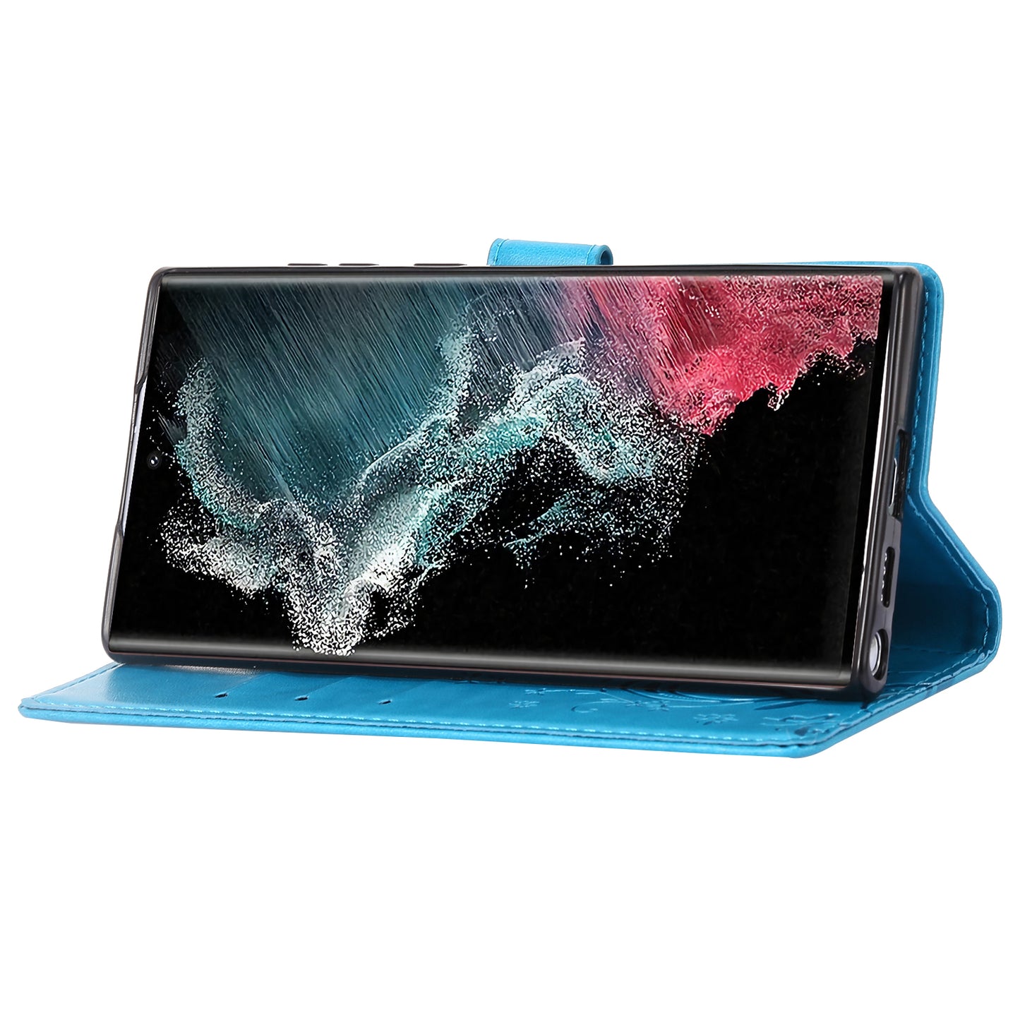 For Samsung Galaxy S24 Ultra Wallet Leather Cover Butterfly Imprinted Flip Stand Phone Case - Blue