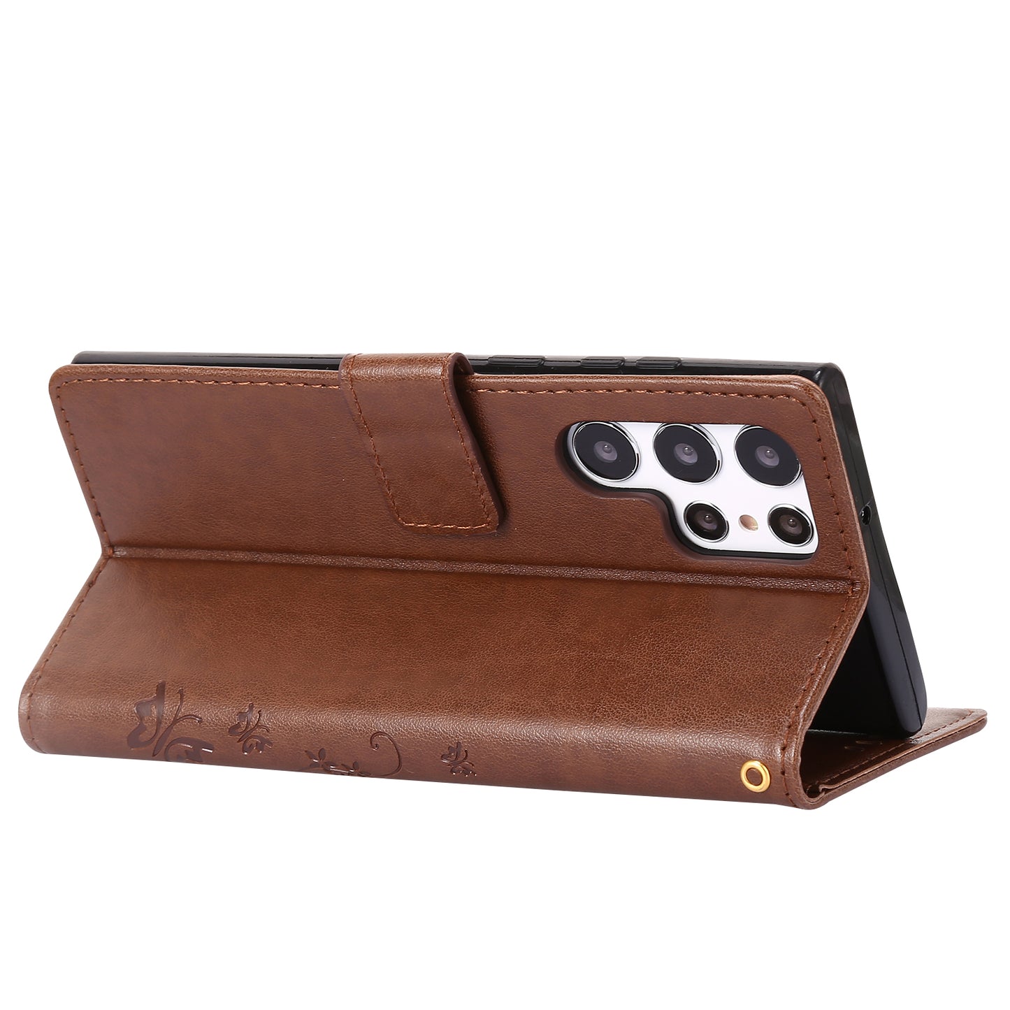 For Samsung Galaxy S24 Ultra Wallet Leather Cover Butterfly Imprinted Flip Stand Phone Case - Brown