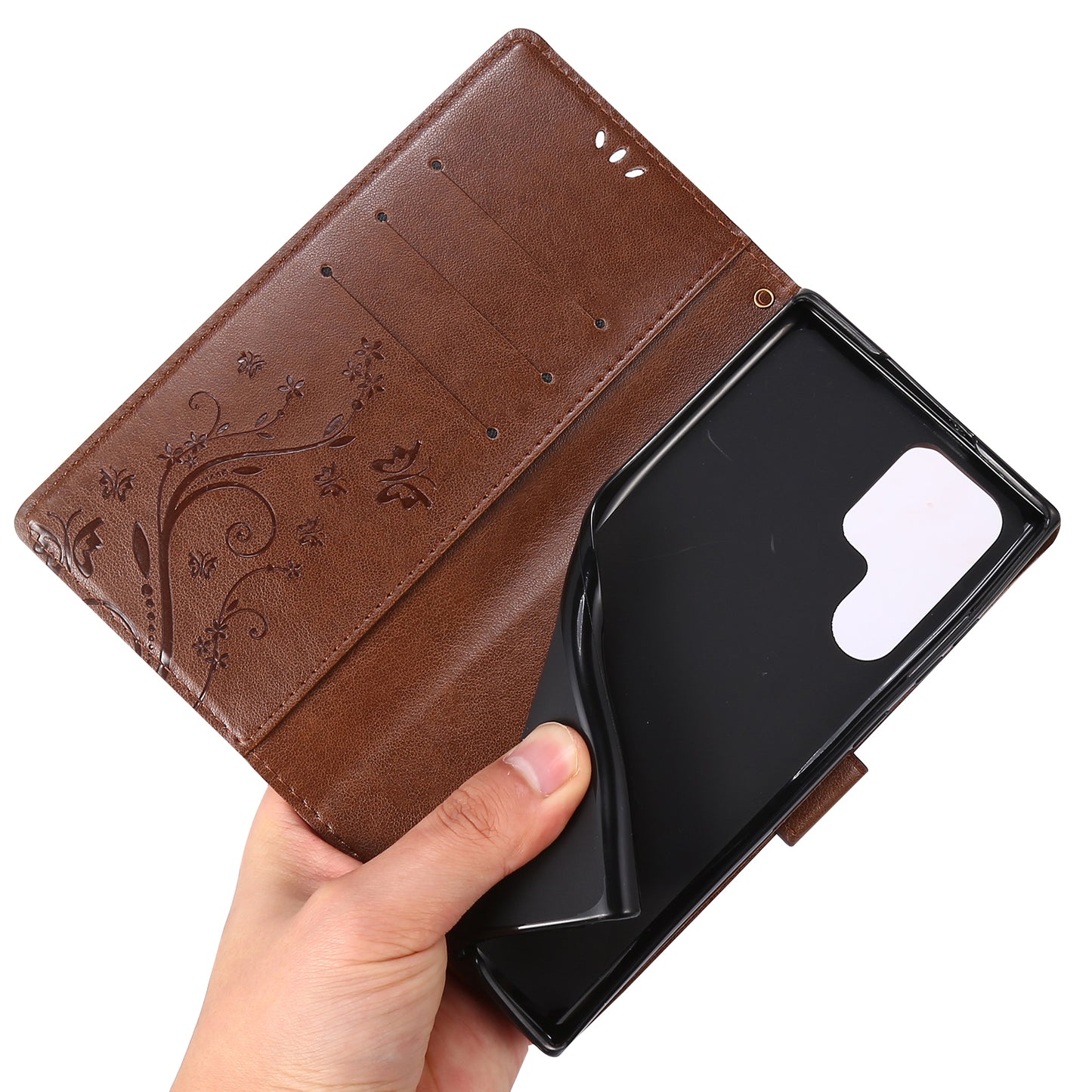 For Samsung Galaxy S24 Ultra Wallet Leather Cover Butterfly Imprinted Flip Stand Phone Case - Brown