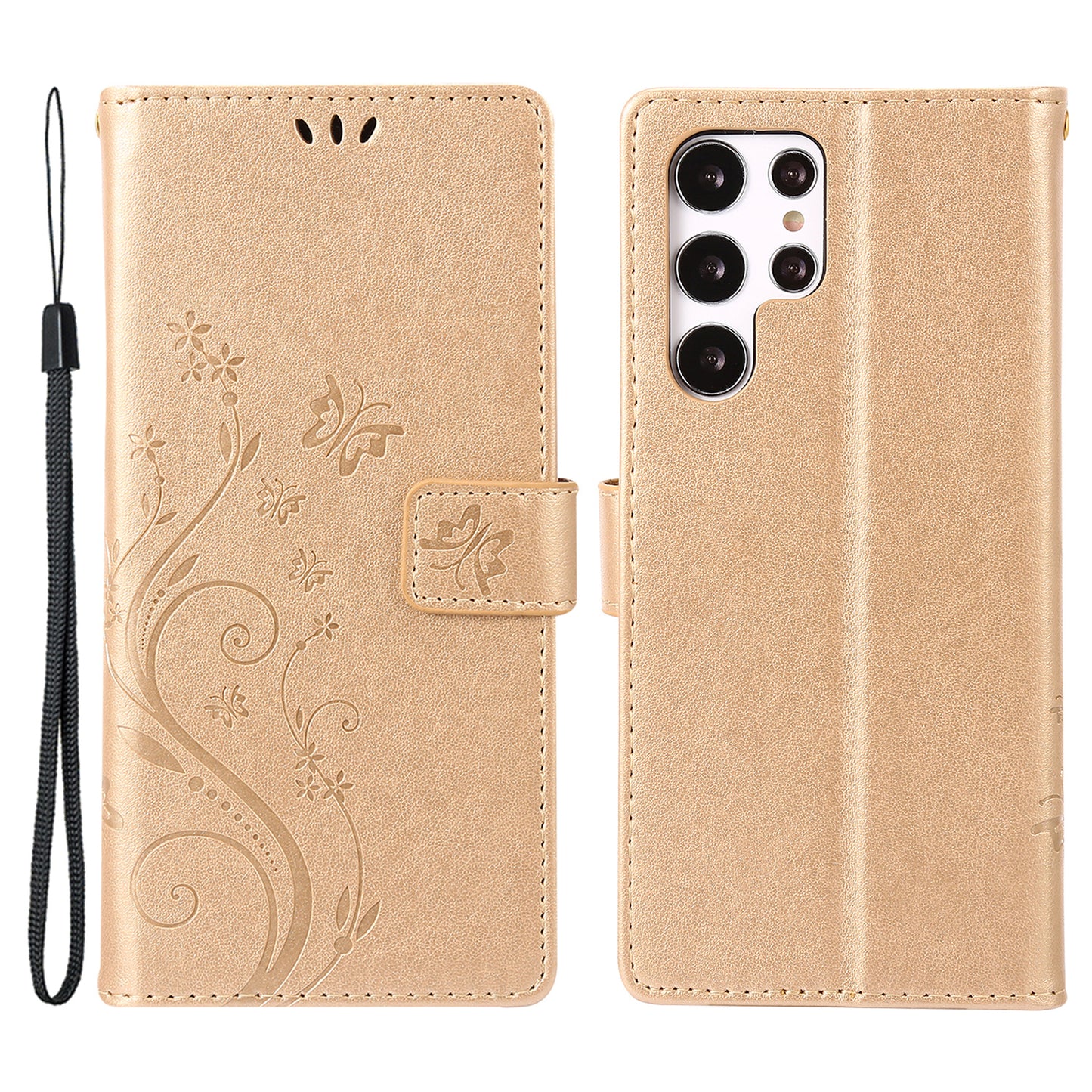 For Samsung Galaxy S24 Ultra Wallet Leather Cover Butterfly Imprinted Flip Stand Phone Case - Gold