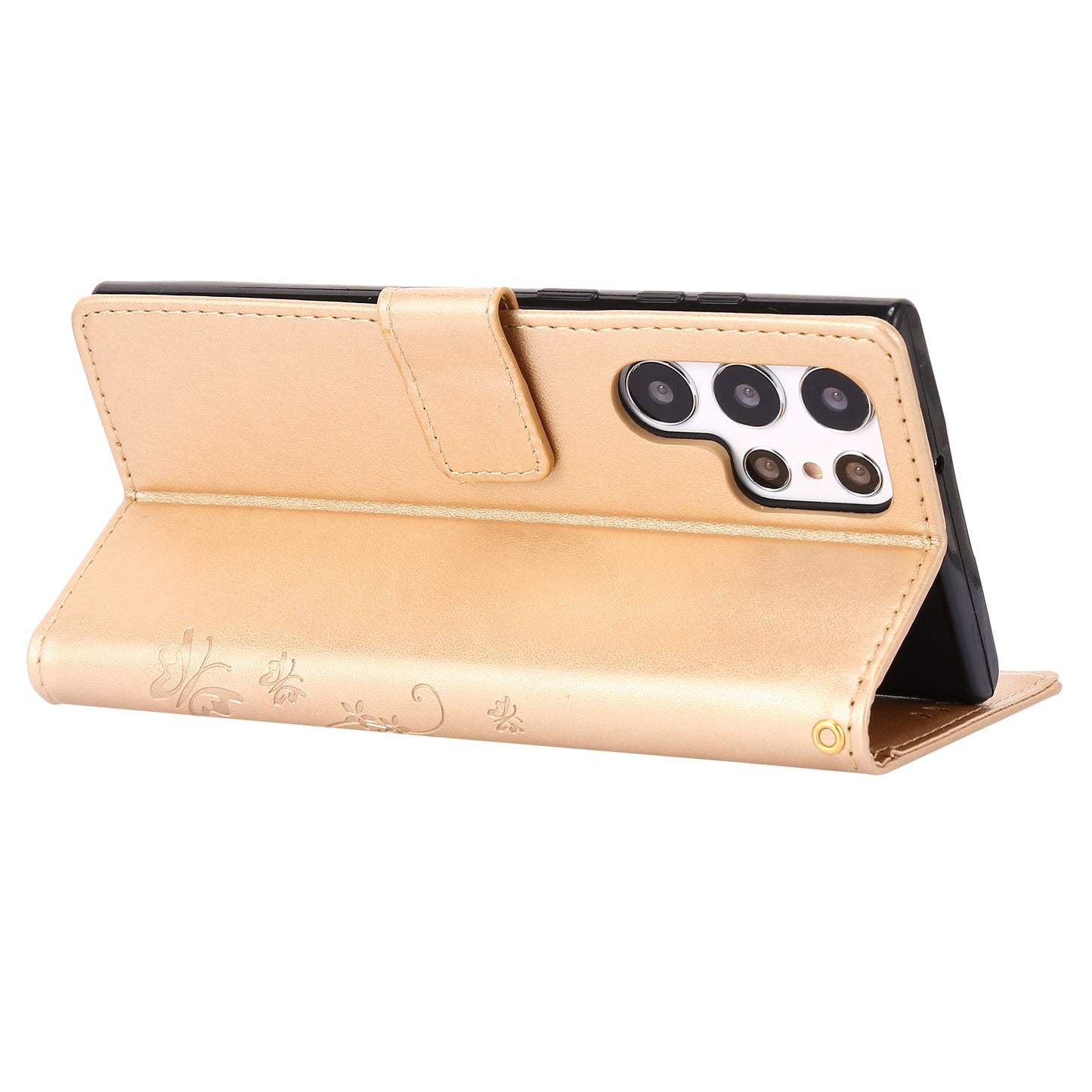 For Samsung Galaxy S24 Ultra Wallet Leather Cover Butterfly Imprinted Flip Stand Phone Case - Gold