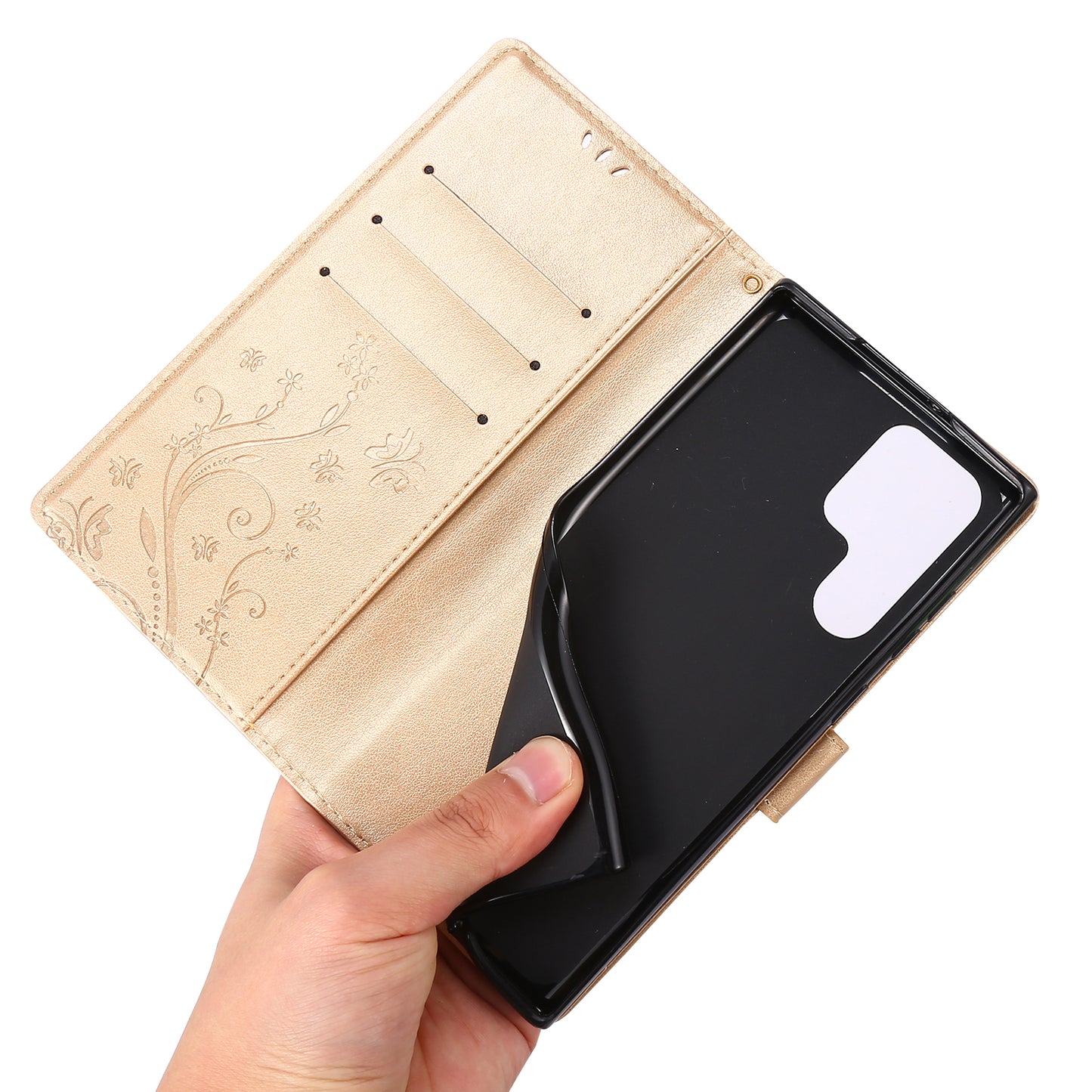 For Samsung Galaxy S24 Ultra Wallet Leather Cover Butterfly Imprinted Flip Stand Phone Case - Gold