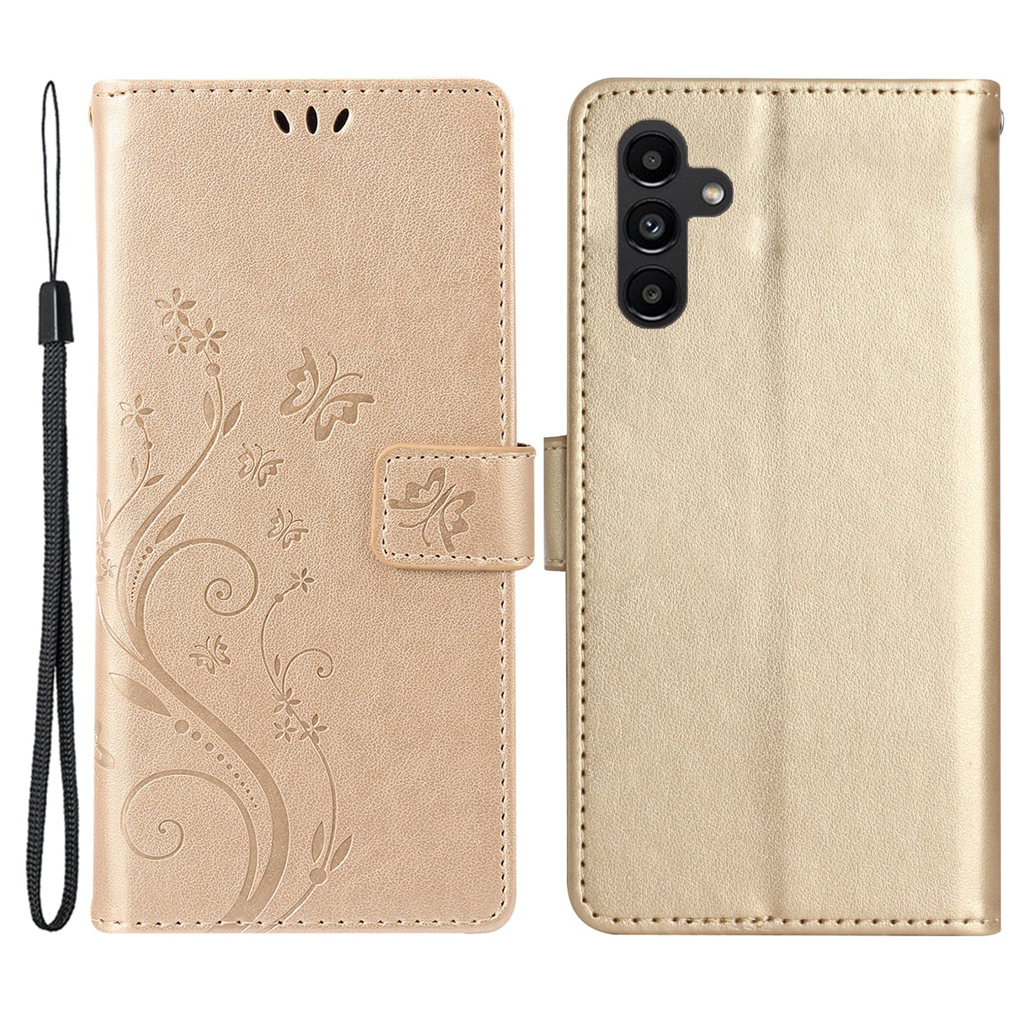 For Samsung Galaxy S24 Leather Case Butterfly Imprinted Phone Wallet Cover - Gold