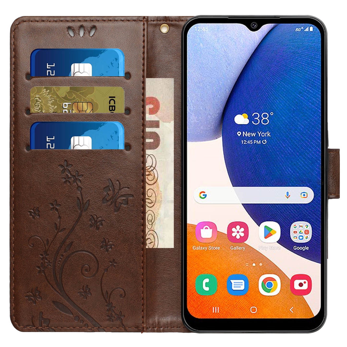 For Samsung Galaxy S24 Leather Case Butterfly Imprinted Phone Wallet Cover - Brown