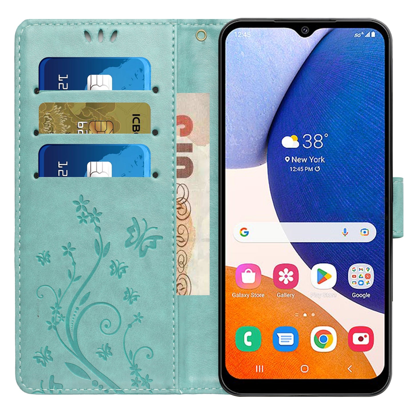 For Samsung Galaxy S24 Leather Case Butterfly Imprinted Phone Wallet Cover - Baby Blue