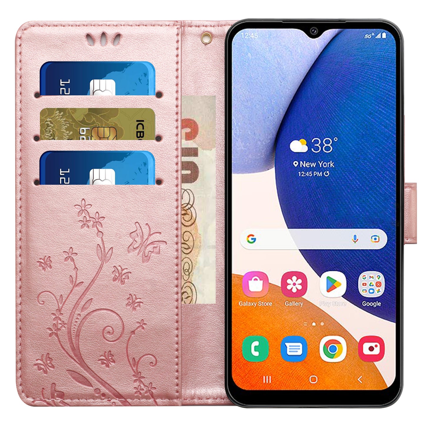 For Samsung Galaxy S24+ Case Butterfly Imprinted Stand Wallet Leather Cover - Rose Gold