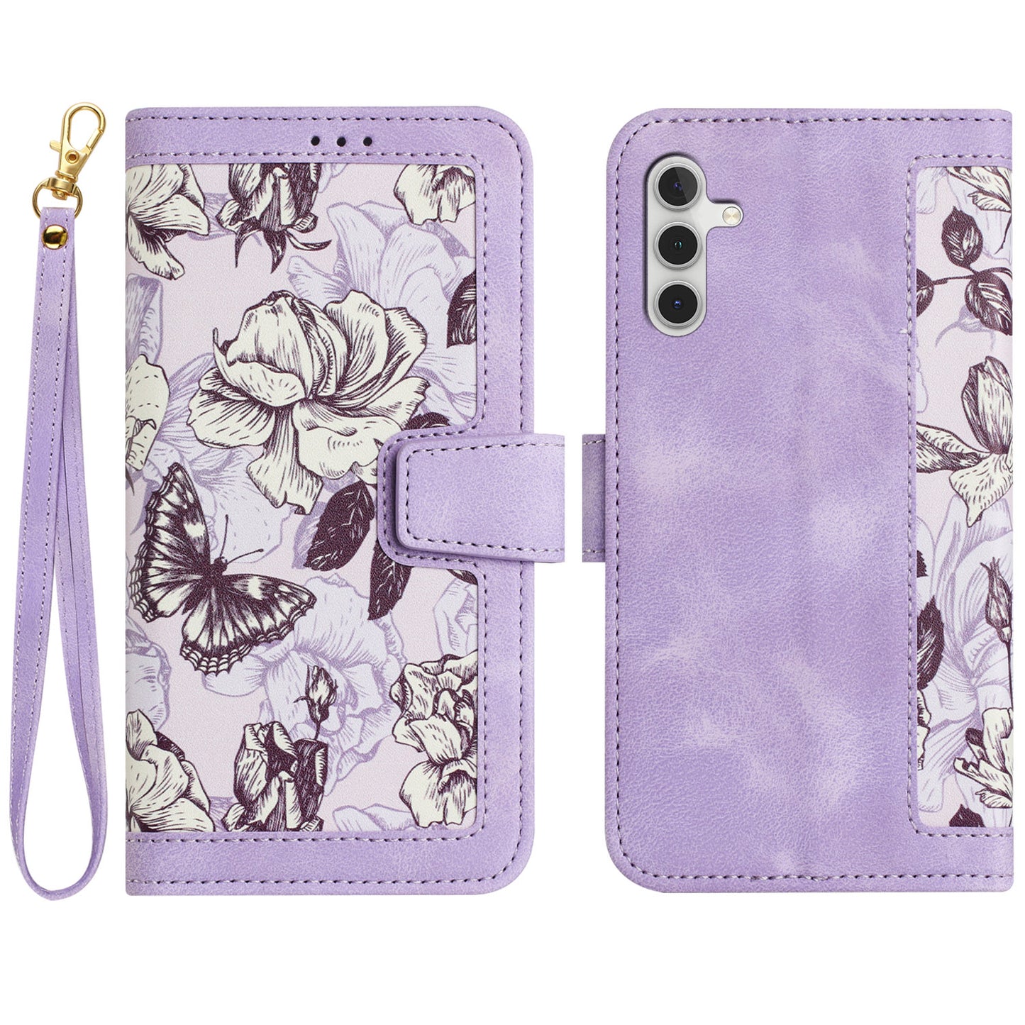 For Samsung Galaxy S24+ Case Flower Pattern Leather Cover with Card Holder - Light Purple