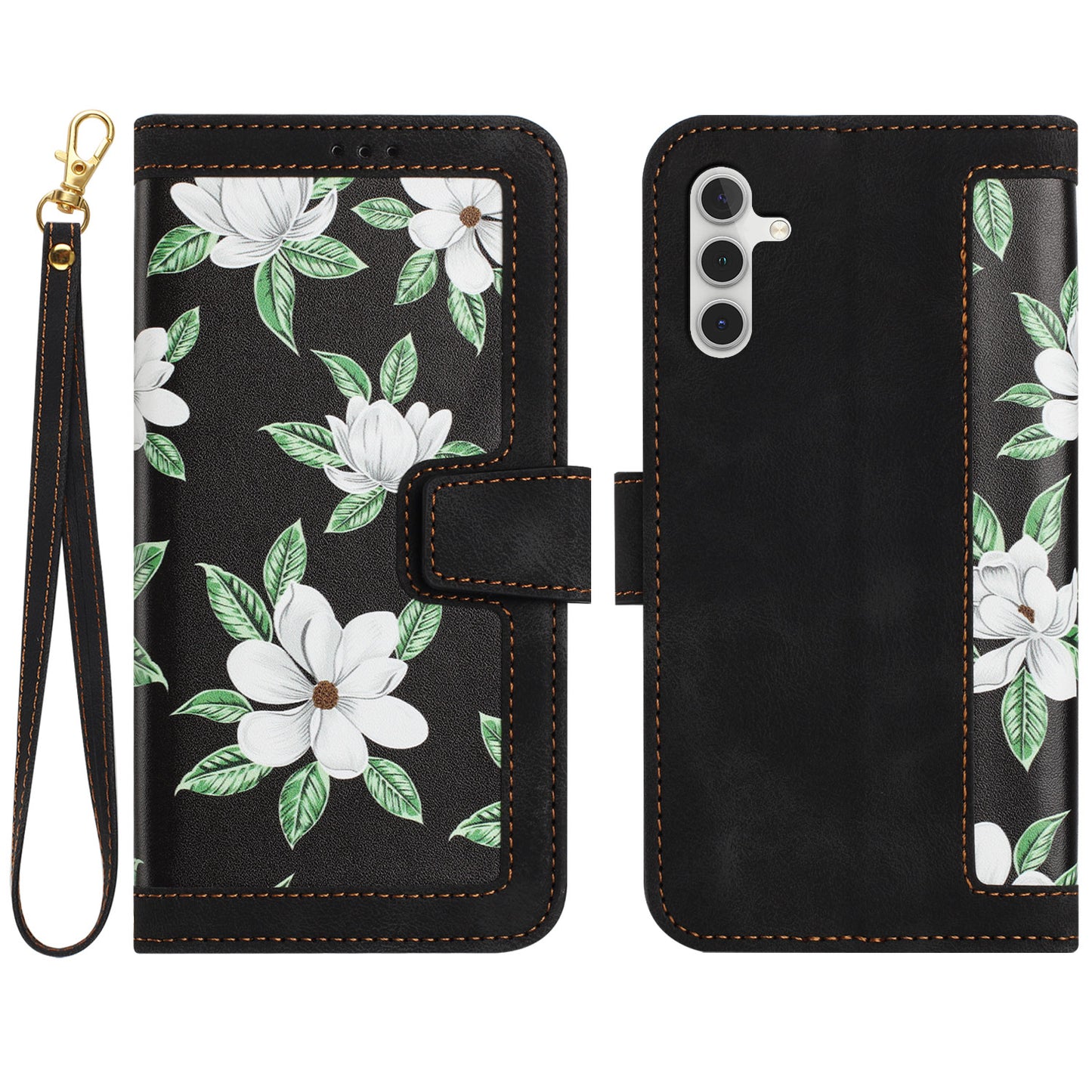 For Samsung Galaxy S24+ Case Flower Pattern Leather Cover with Card Holder - Black