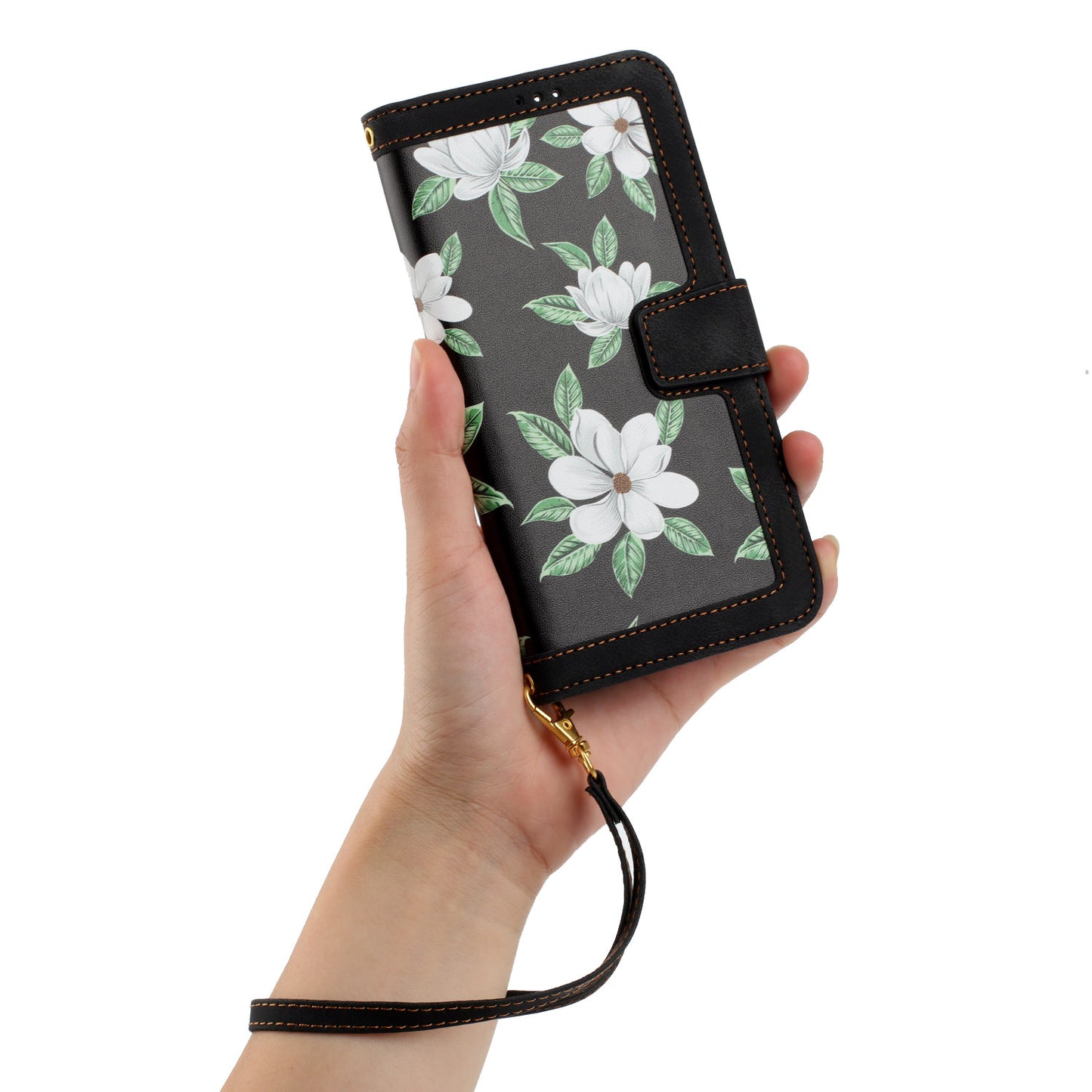 For Samsung Galaxy S24+ Case Flower Pattern Leather Cover with Card Holder - Black