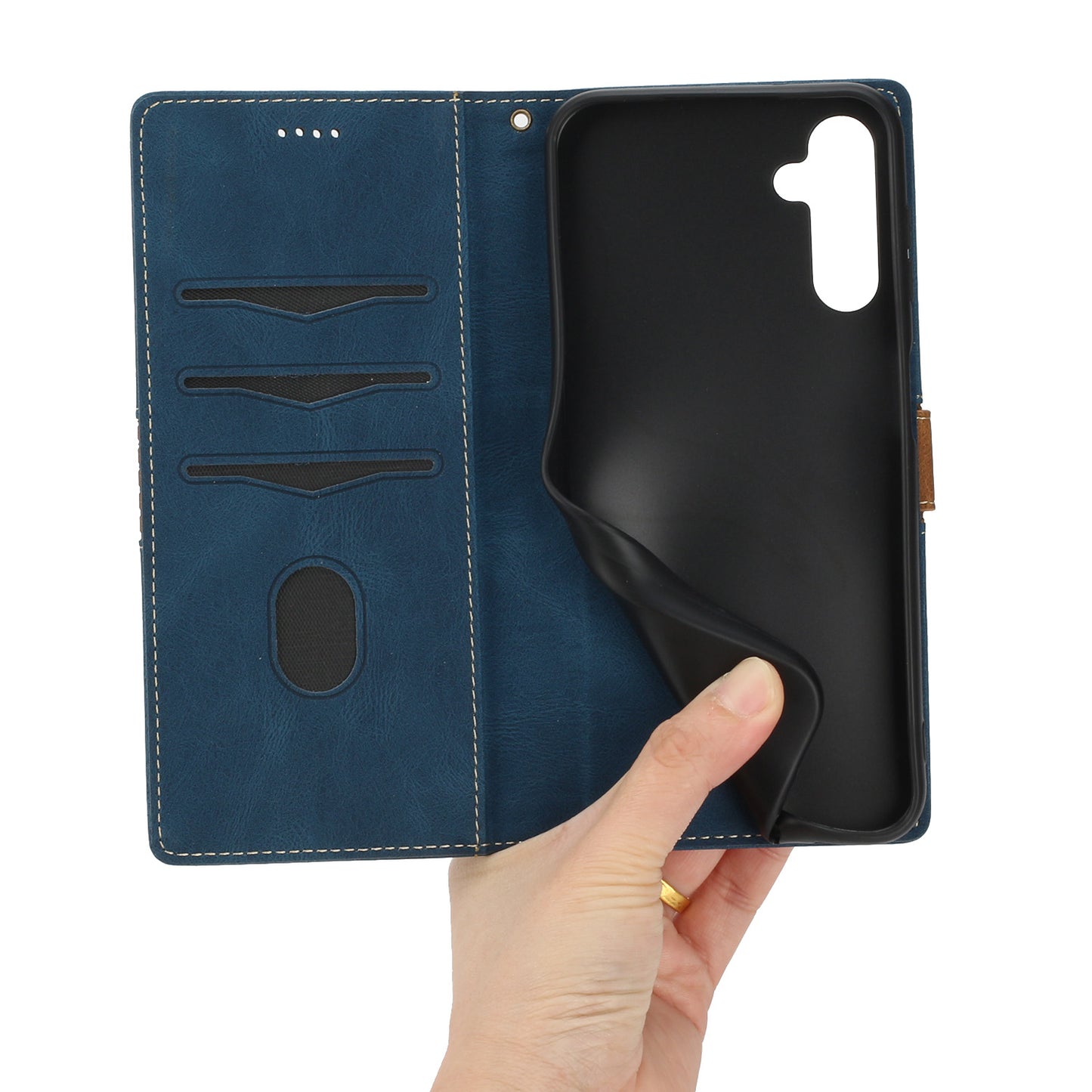 PU Leather Phone Shell for Samsung Galaxy S24+ Case Stand Grid Splicing Phone Cover with Strap - Blue