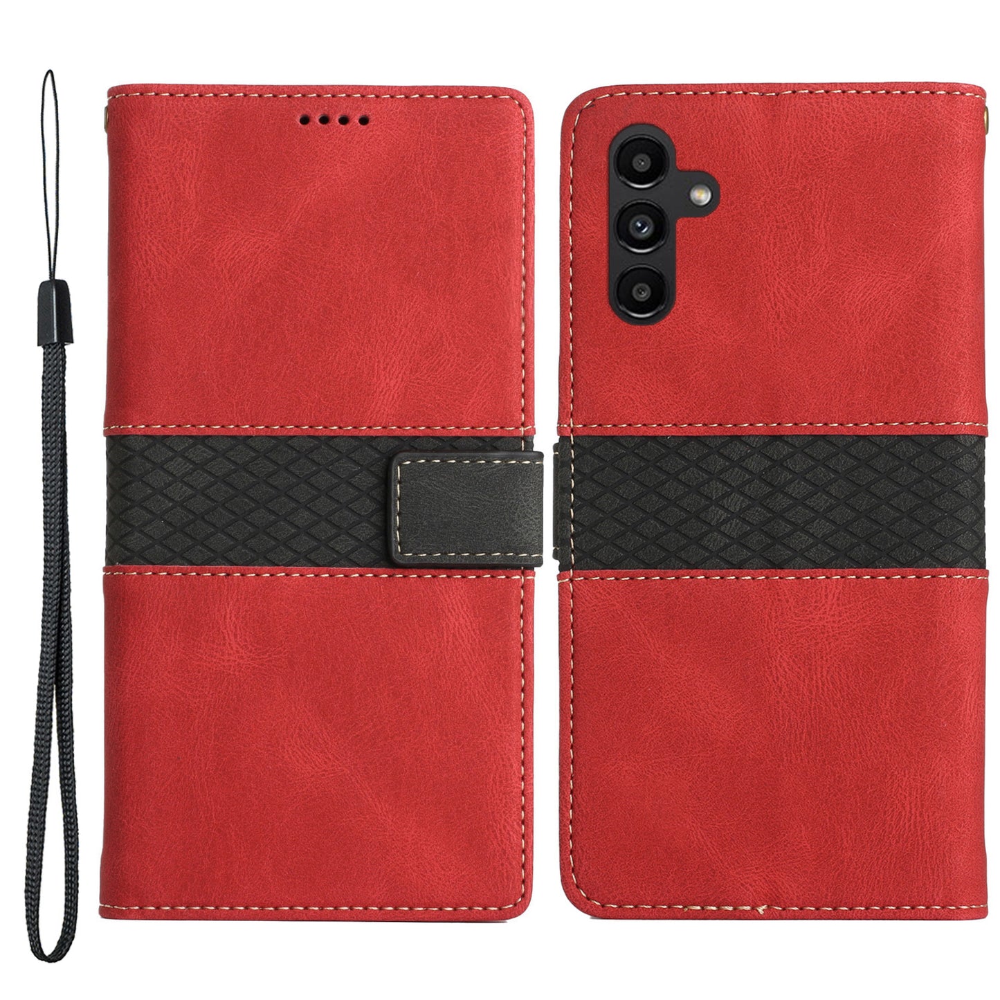 PU Leather Phone Shell for Samsung Galaxy S24+ Case Stand Grid Splicing Phone Cover with Strap - Red