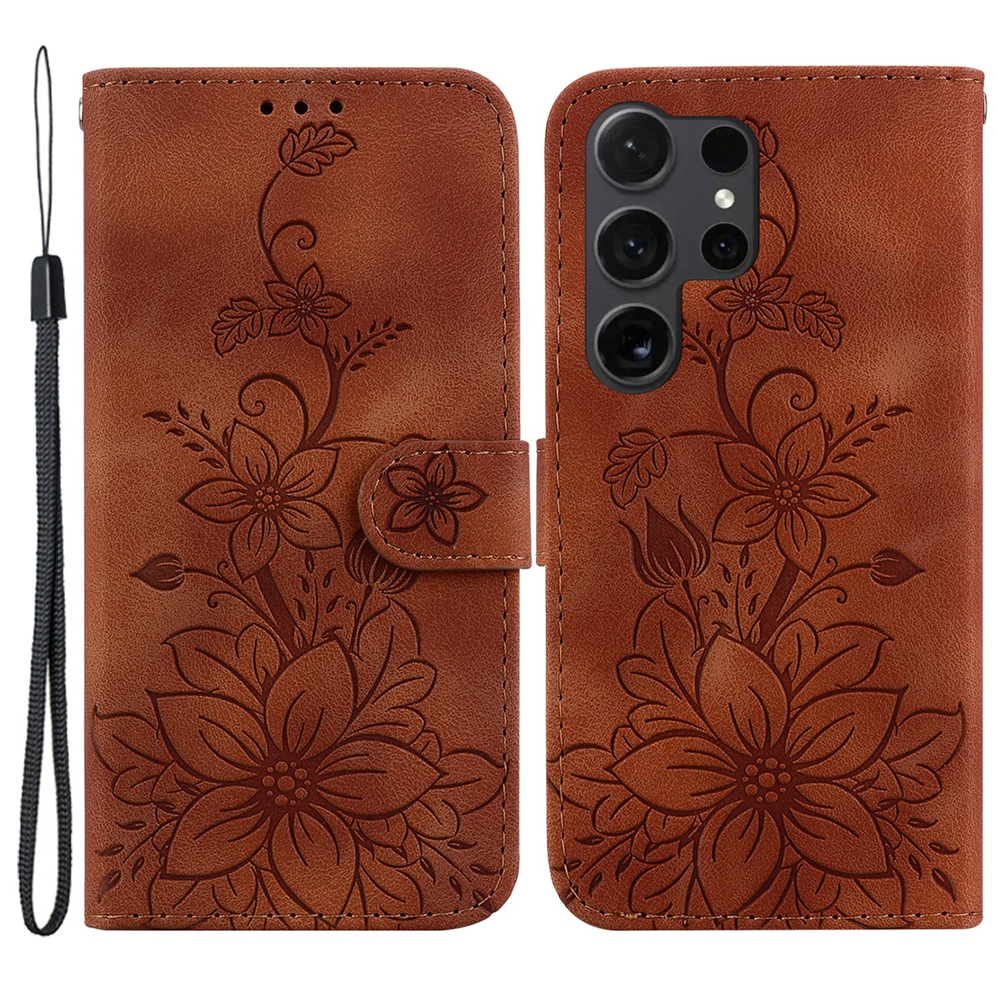 For Samsung Galaxy S24 Ultra Case Flower Imprint Leather Anti-drop Mobile Phone Cover - Brown