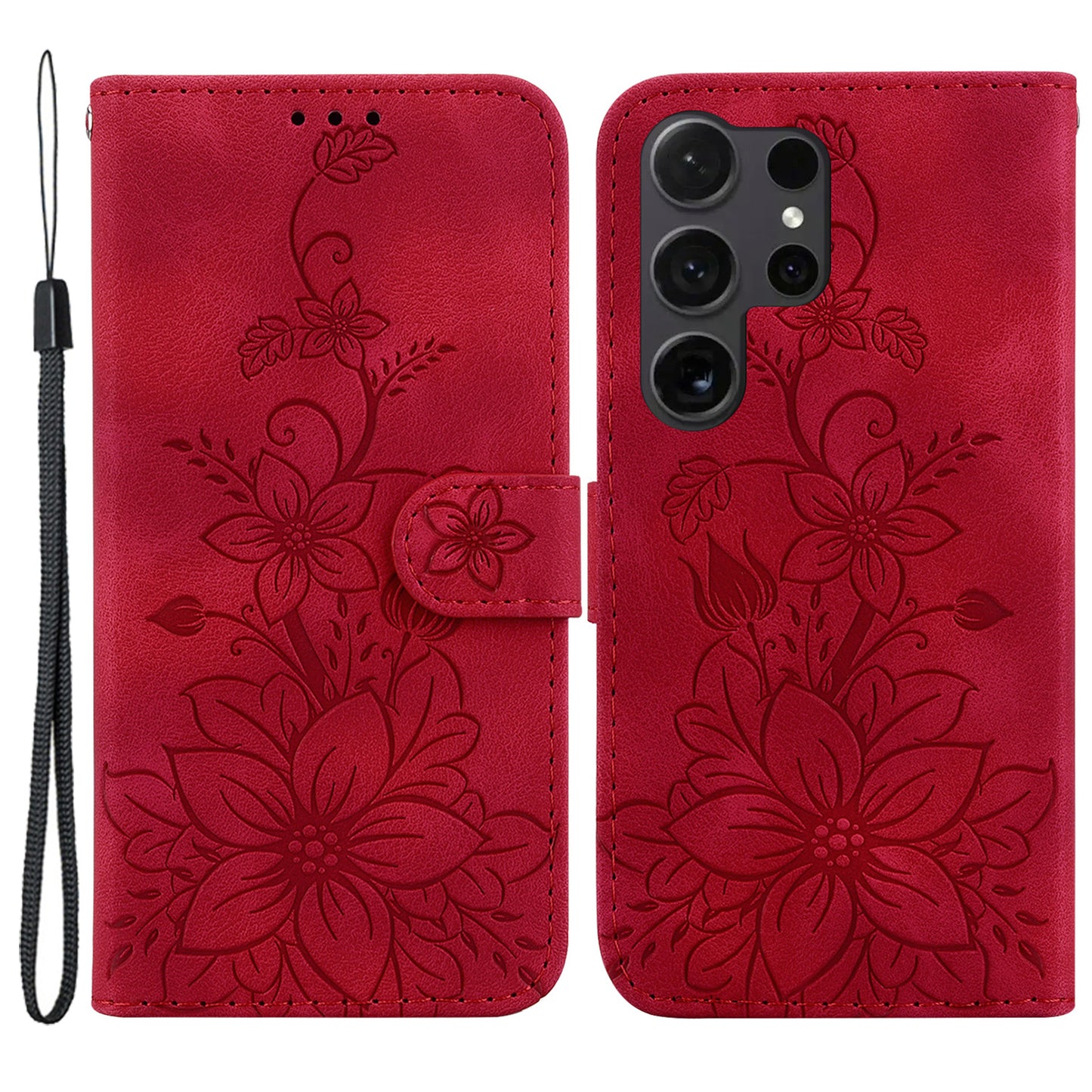 For Samsung Galaxy S24 Ultra Case Flower Imprint Leather Anti-drop Mobile Phone Cover - Red