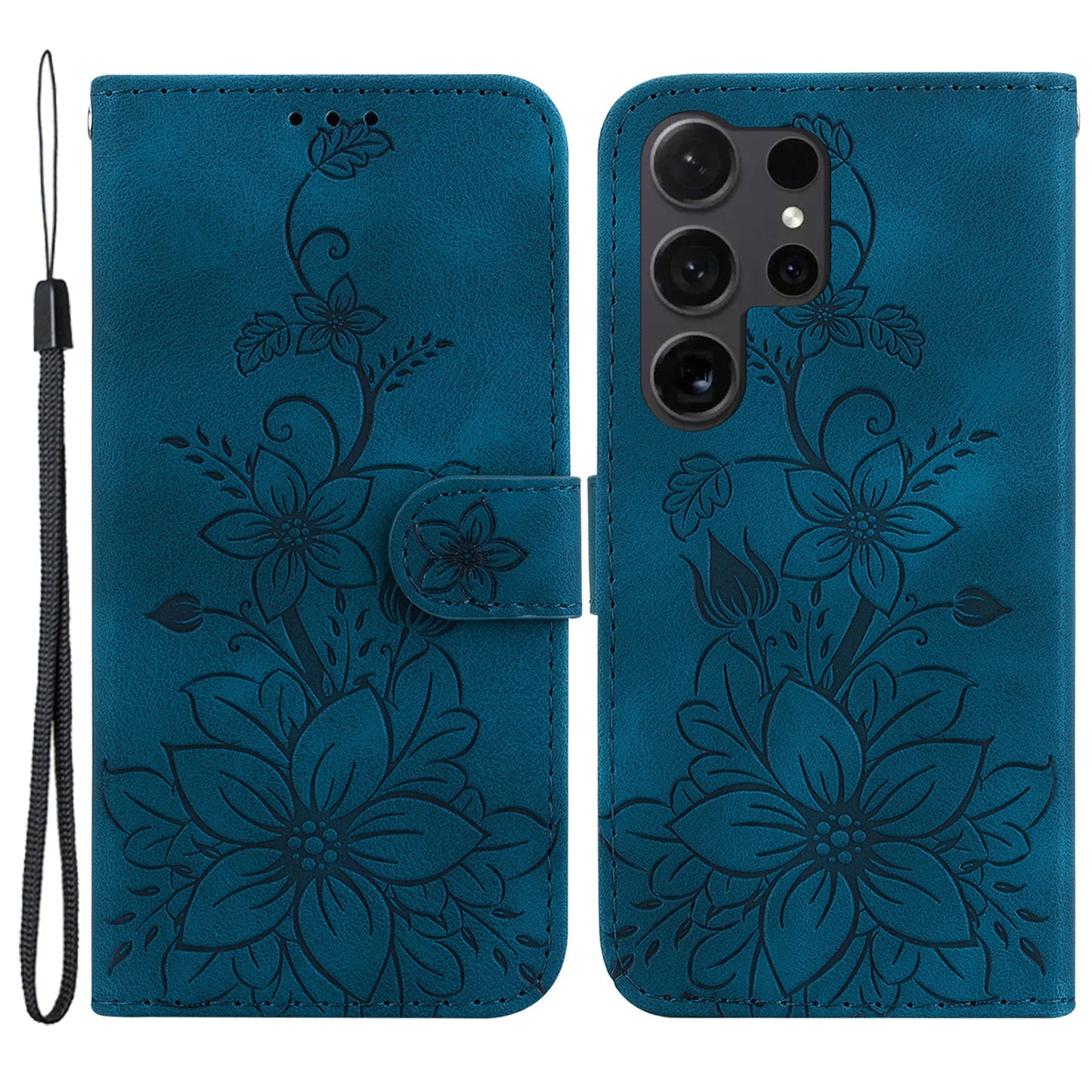 For Samsung Galaxy S24 Ultra Case Flower Imprint Leather Anti-drop Mobile Phone Cover - Dark Blue