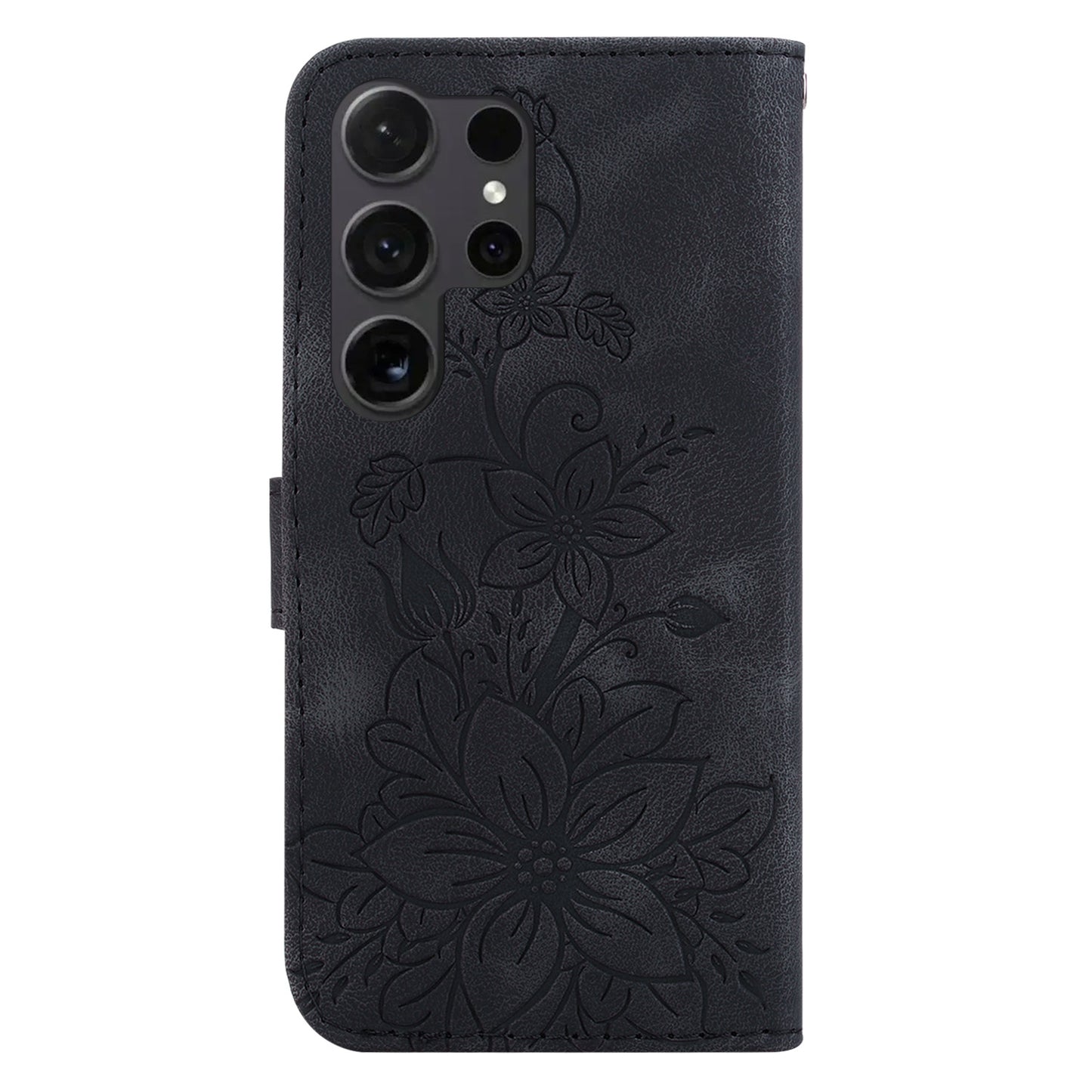 For Samsung Galaxy S24 Ultra Case Flower Imprint Leather Anti-drop Mobile Phone Cover - Black