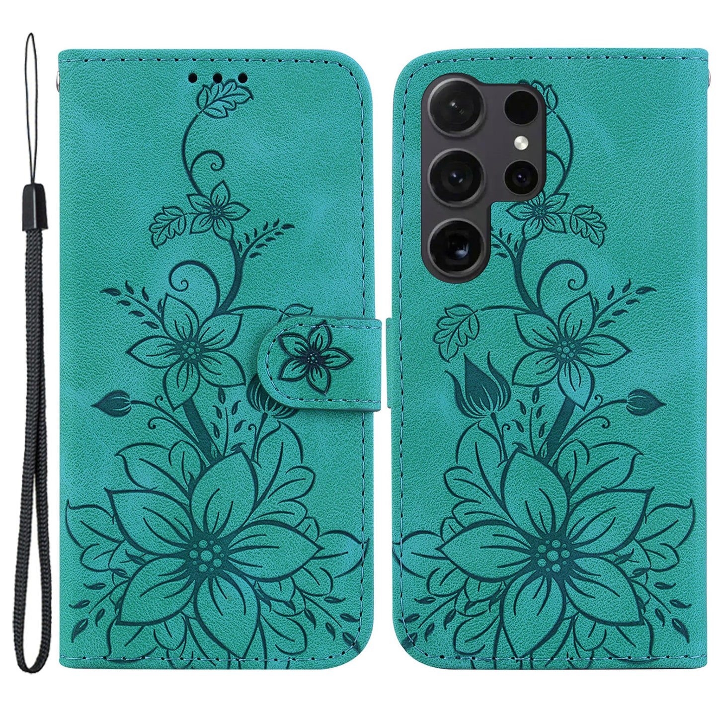 For Samsung Galaxy S24 Ultra Case Flower Imprint Leather Anti-drop Mobile Phone Cover - Green