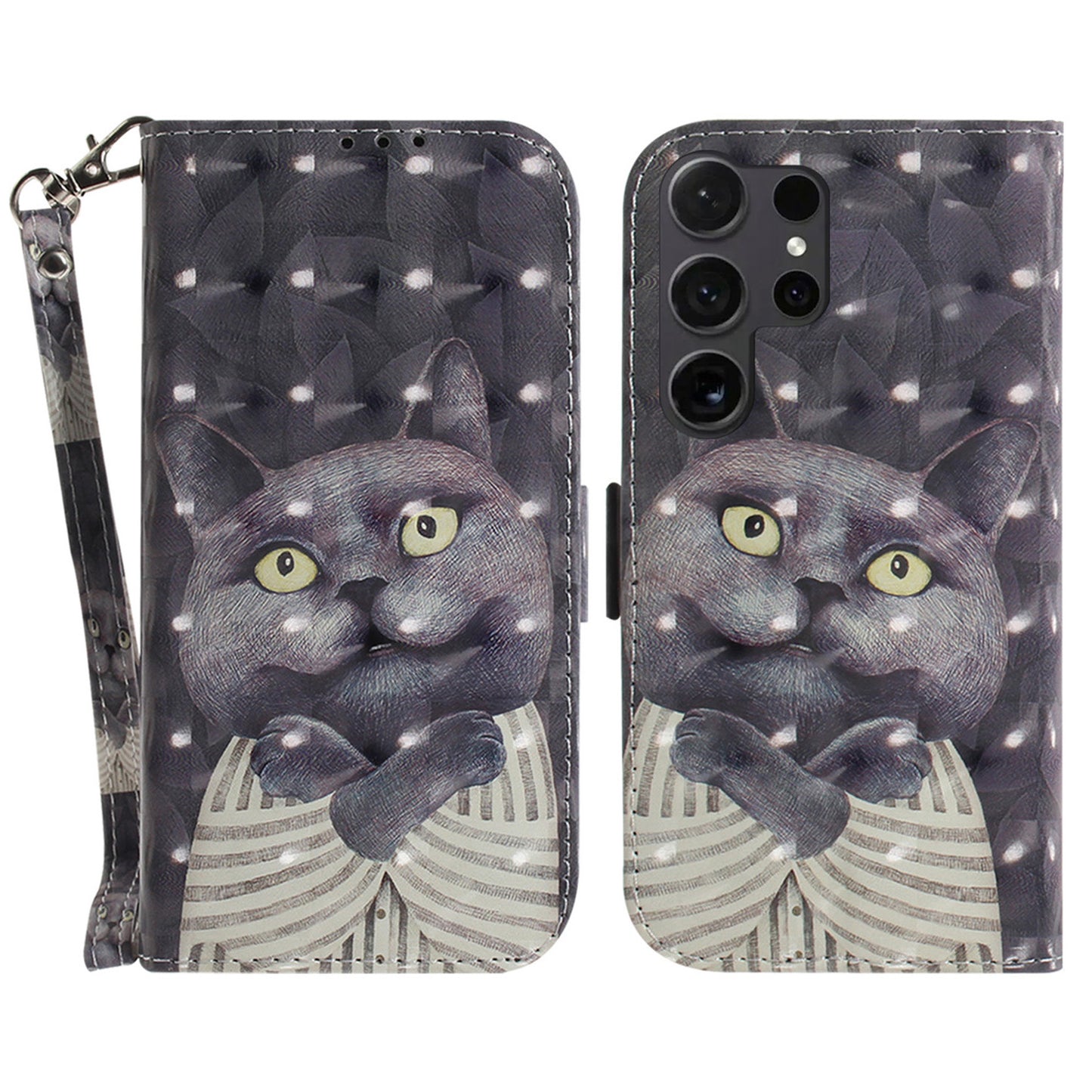 PU Leather Flip Cover for Samsung Galaxy S24 Ultra Case Pattern Printed Anti-Drop Wallet Phone Case with Strap - Embracing Cat