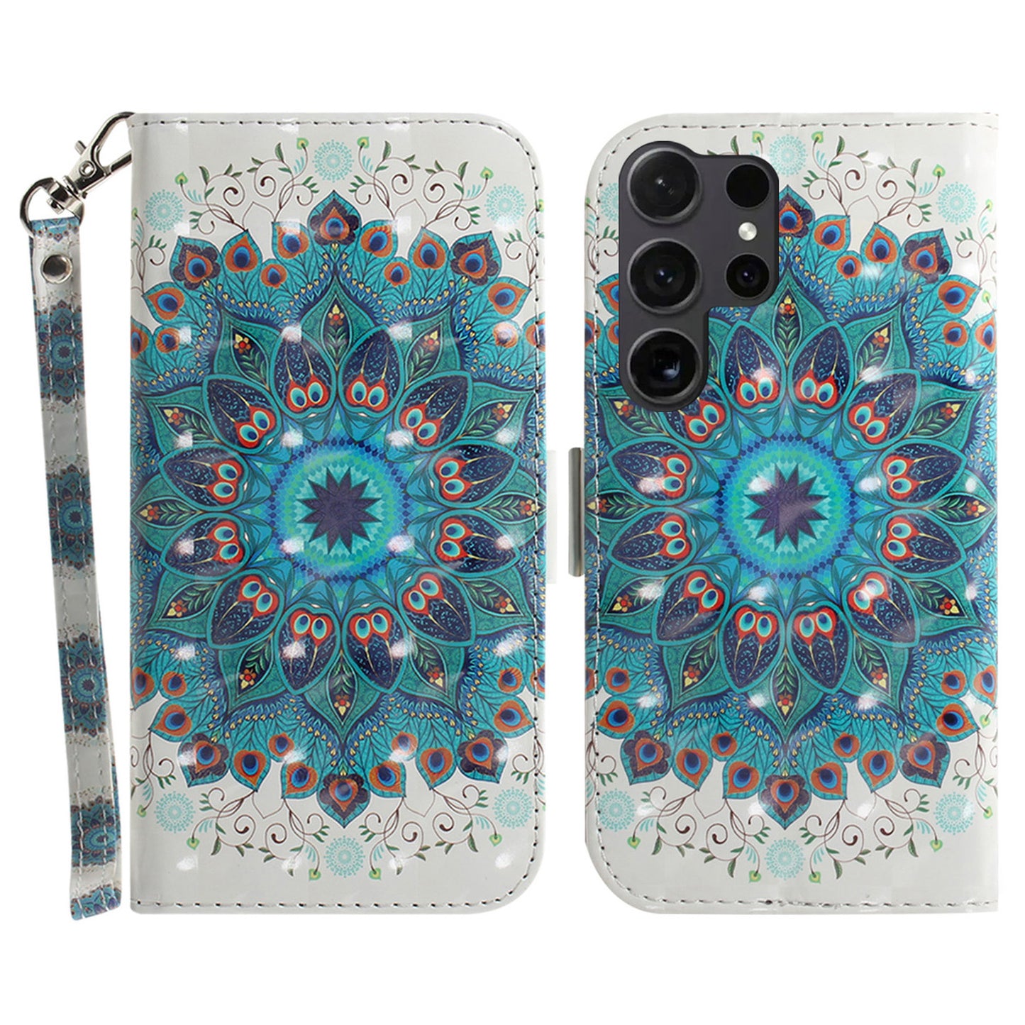 PU Leather Flip Cover for Samsung Galaxy S24 Ultra Case Pattern Printed Anti-Drop Wallet Phone Case with Strap - Peacock Wreath