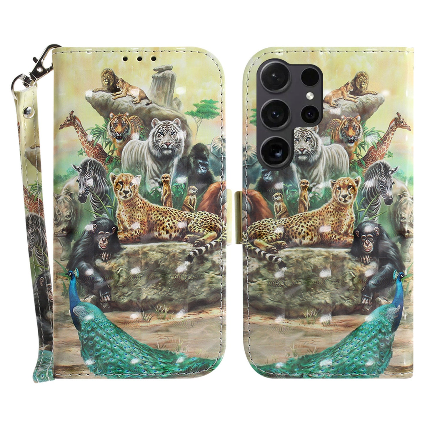 PU Leather Flip Cover for Samsung Galaxy S24 Ultra Case Pattern Printed Anti-Drop Wallet Phone Case with Strap - Animals