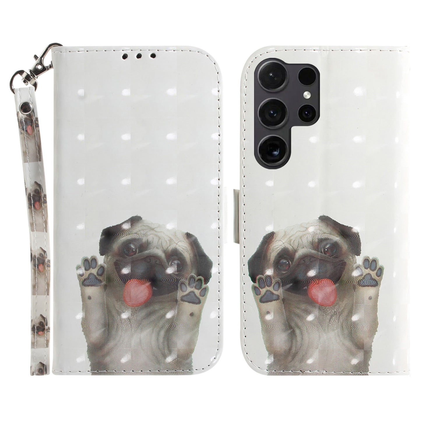 PU Leather Flip Cover for Samsung Galaxy S24 Ultra Case Pattern Printed Anti-Drop Wallet Phone Case with Strap - Pug
