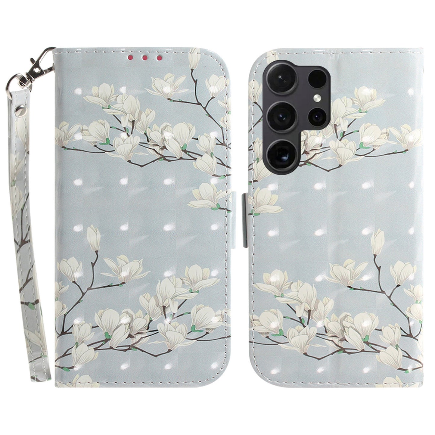 PU Leather Flip Cover for Samsung Galaxy S24 Ultra Case Pattern Printed Anti-Drop Wallet Phone Case with Strap - Magnolia
