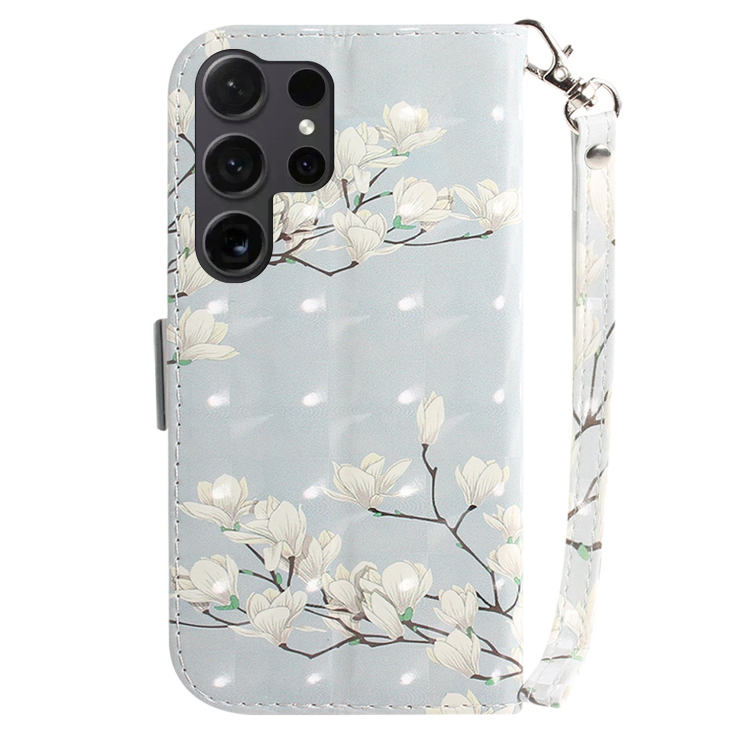 PU Leather Flip Cover for Samsung Galaxy S24 Ultra Case Pattern Printed Anti-Drop Wallet Phone Case with Strap - Magnolia