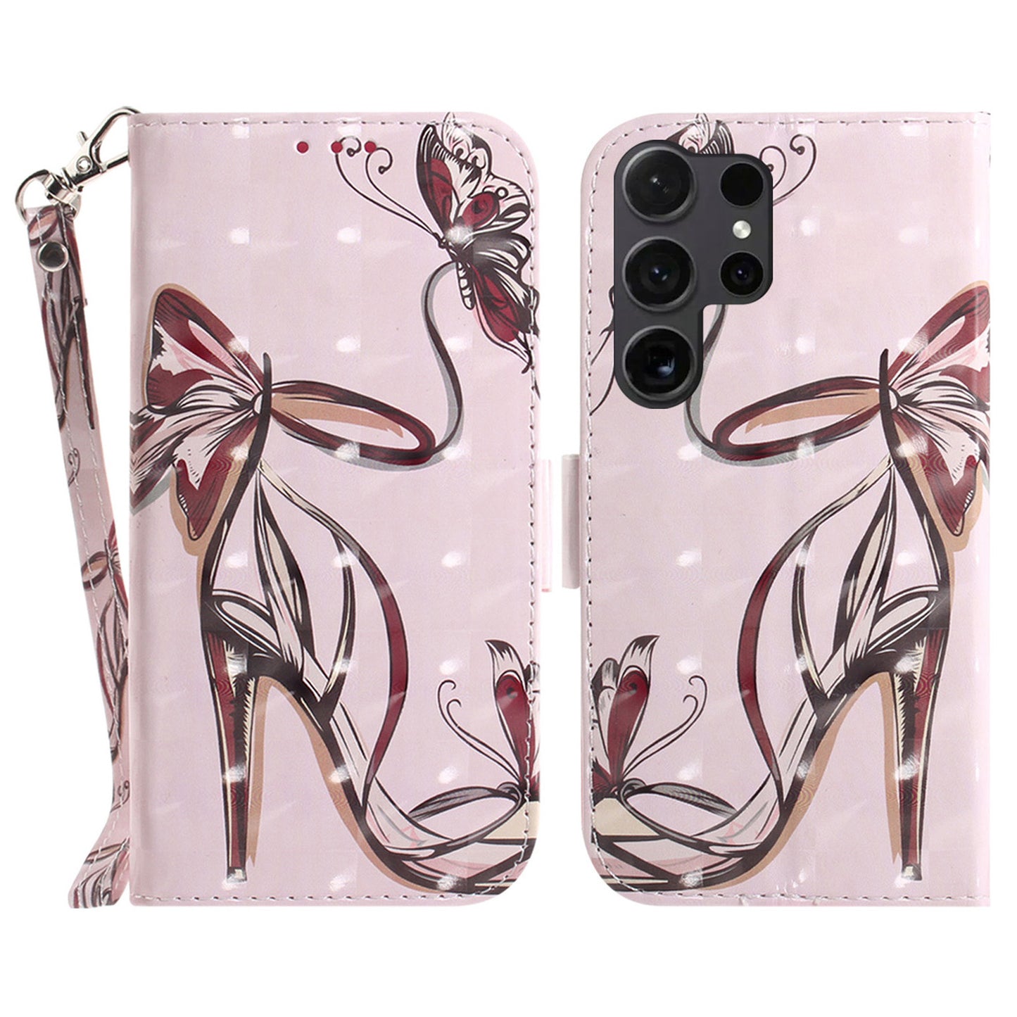 PU Leather Flip Cover for Samsung Galaxy S24 Ultra Case Pattern Printed Anti-Drop Wallet Phone Case with Strap - Butterfly High Heels