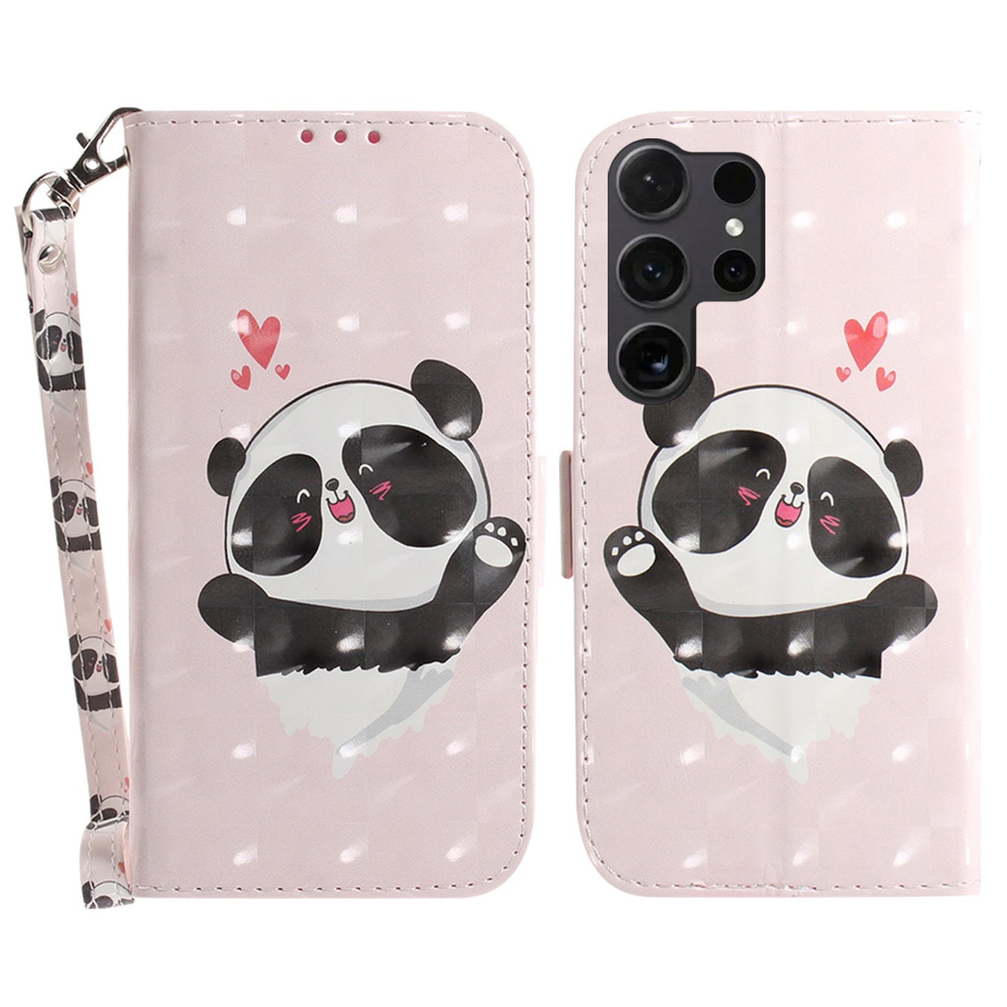 PU Leather Flip Cover for Samsung Galaxy S24 Ultra Case Pattern Printed Anti-Drop Wallet Phone Case with Strap - Love Heart Panda