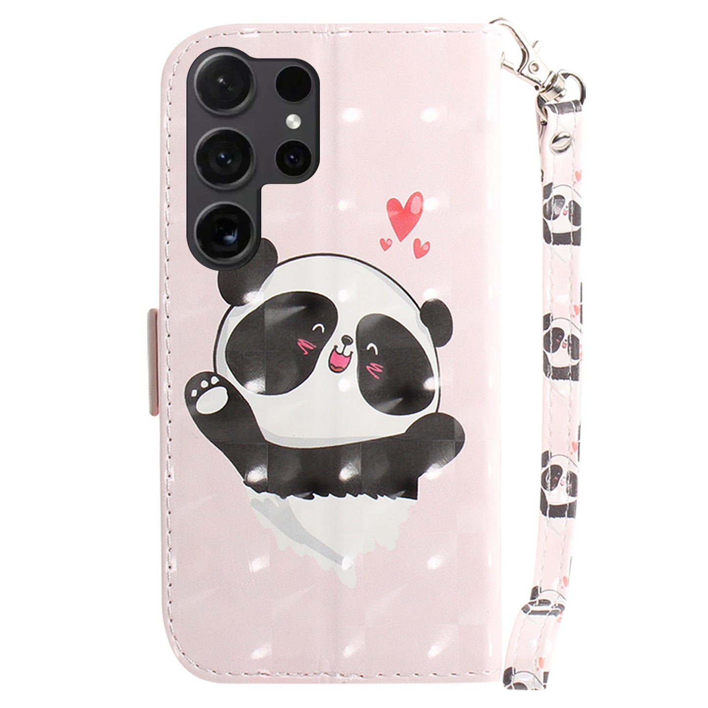 PU Leather Flip Cover for Samsung Galaxy S24 Ultra Case Pattern Printed Anti-Drop Wallet Phone Case with Strap - Love Heart Panda