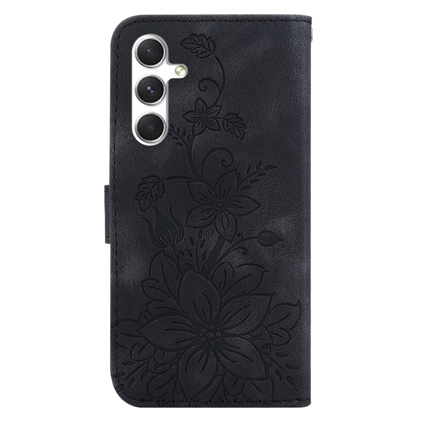 For Samsung Galaxy S24+ Case Wallet Leather Cover with Imprint Flower - Black