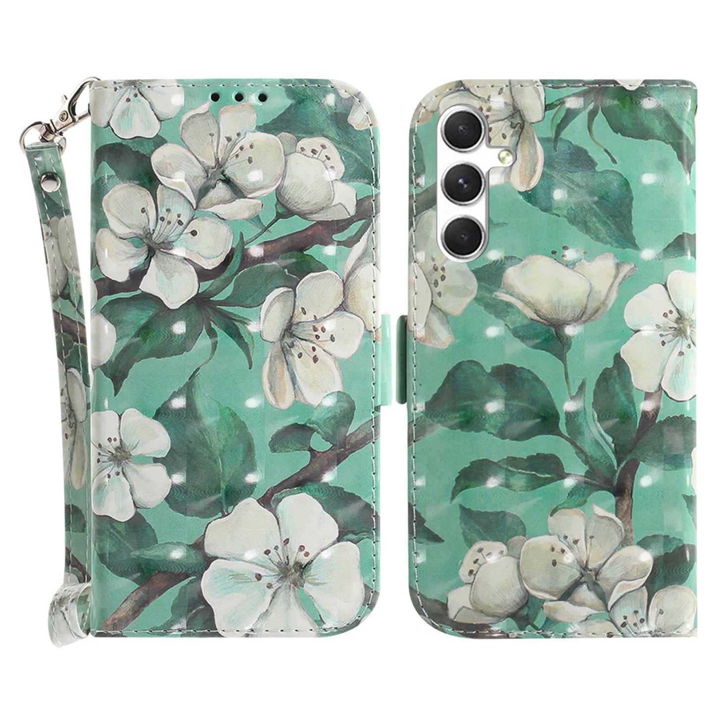 Pattern Printed PU Flip Cover for Samsung Galaxy S24+ Case Shockproof Wallet Phone Case with Strap - Watercolor Flowers