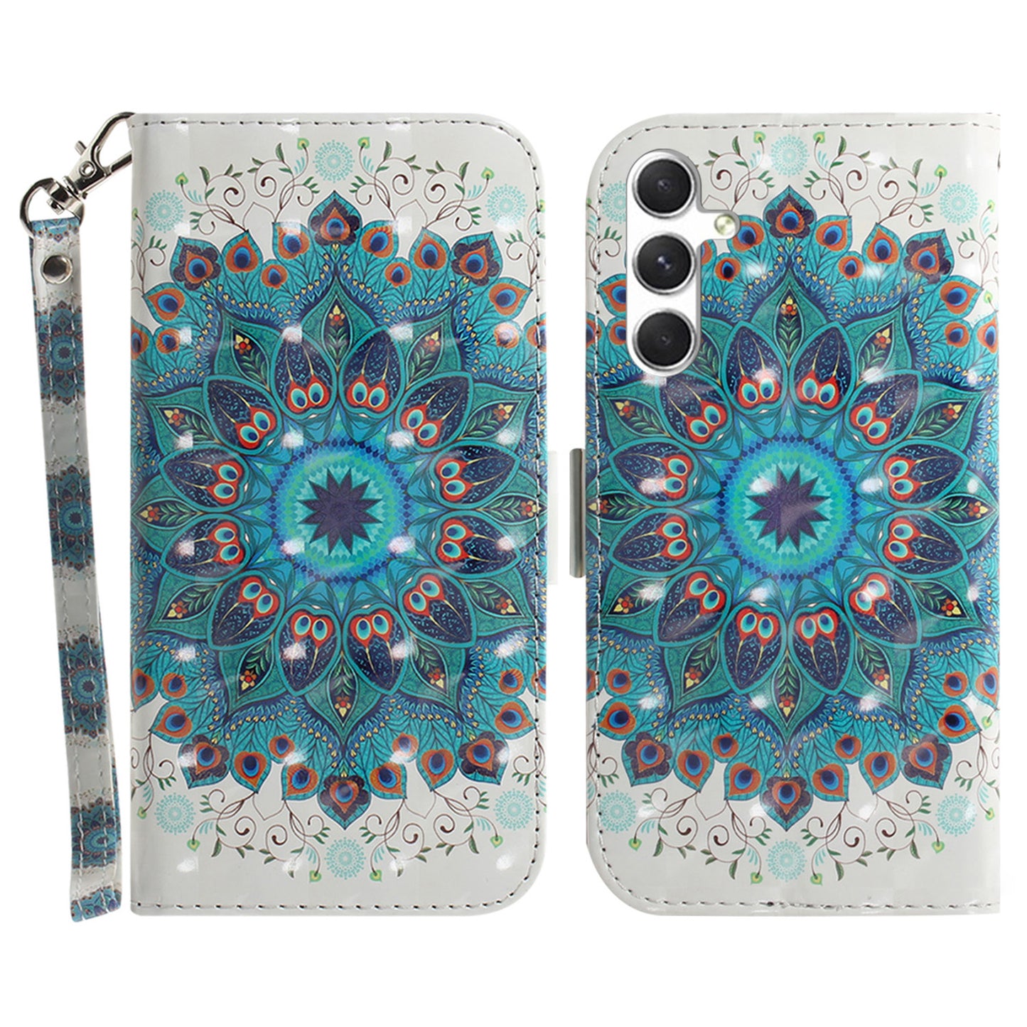 Pattern Printed PU Flip Cover for Samsung Galaxy S24+ Case Shockproof Wallet Phone Case with Strap - Peacock Wreath