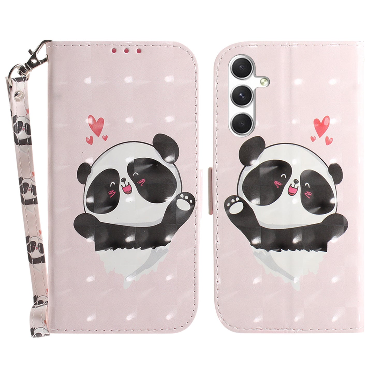 Pattern Printed PU Flip Cover for Samsung Galaxy S24+ Case Shockproof Wallet Phone Case with Strap - Love Heart Panda