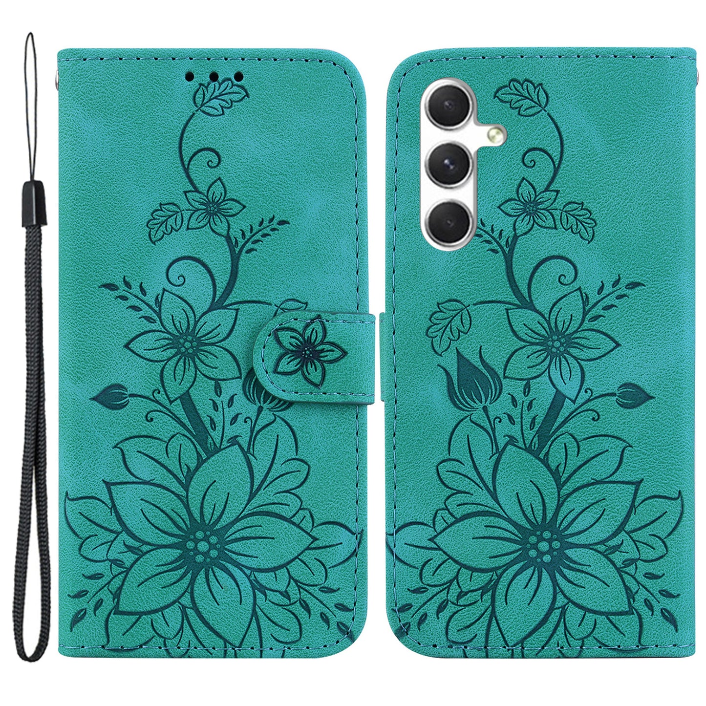 For Samsung Galaxy S24 Case Flower Imprint Wallet Phone Cover - Green