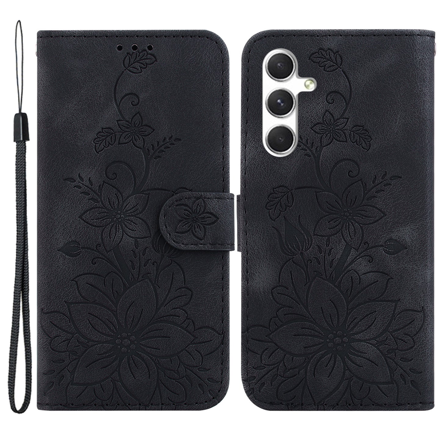 For Samsung Galaxy S24 Case Flower Imprint Wallet Phone Cover - Black